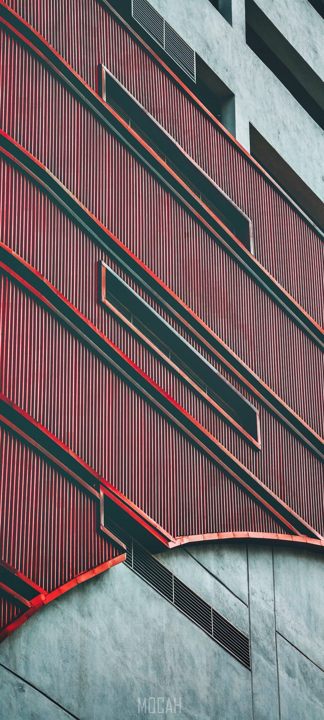 Modern building facade with red and gray panels HD Phone Wallpaper