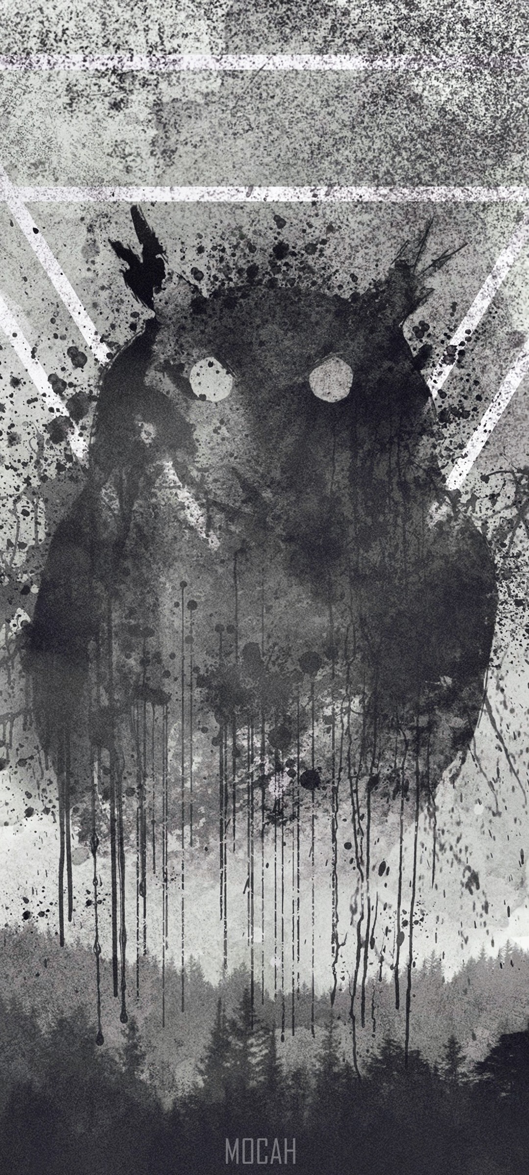 Monochrome Owl Illustration with Forest Background HD Phone Wallpaper