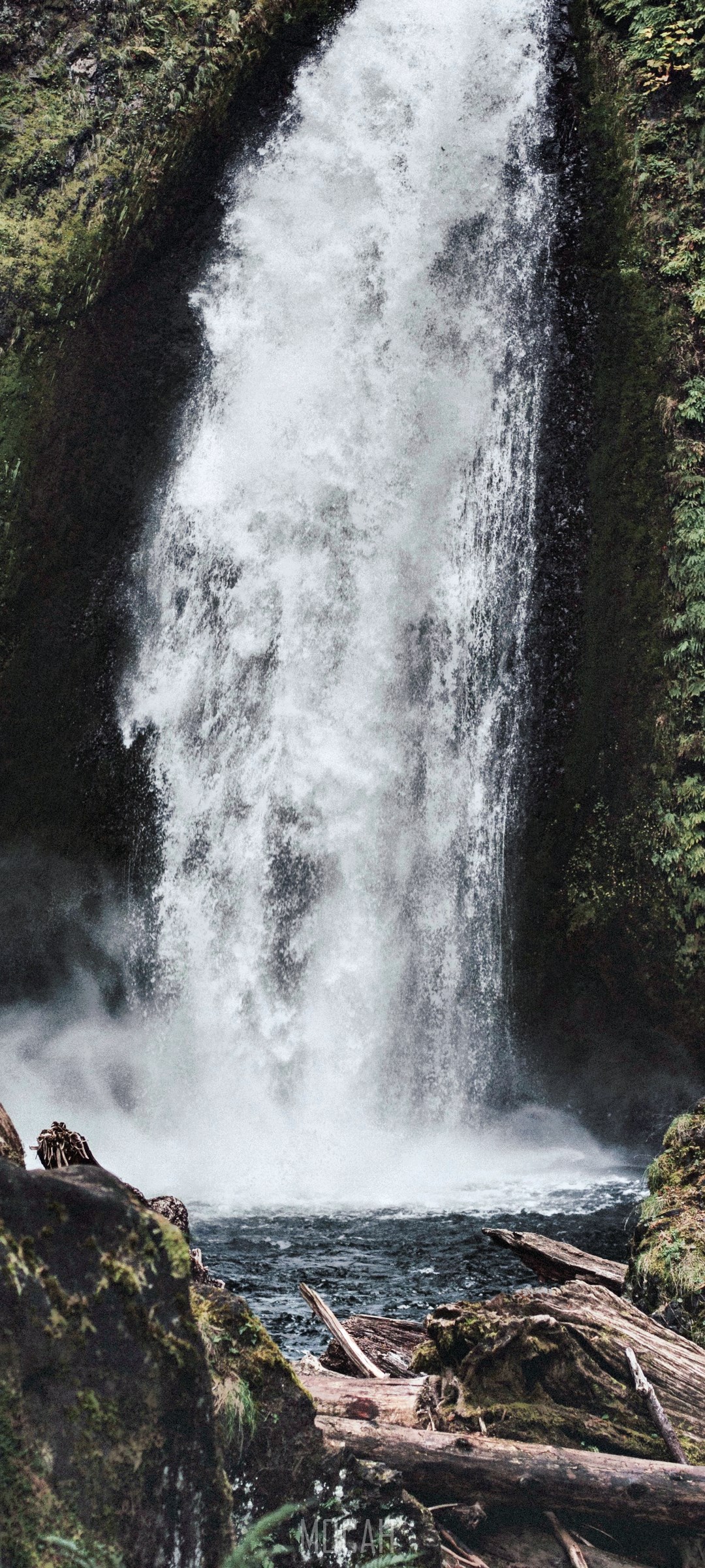 Waterfall cascading into a pool with logs HD Phone Wallpaper
