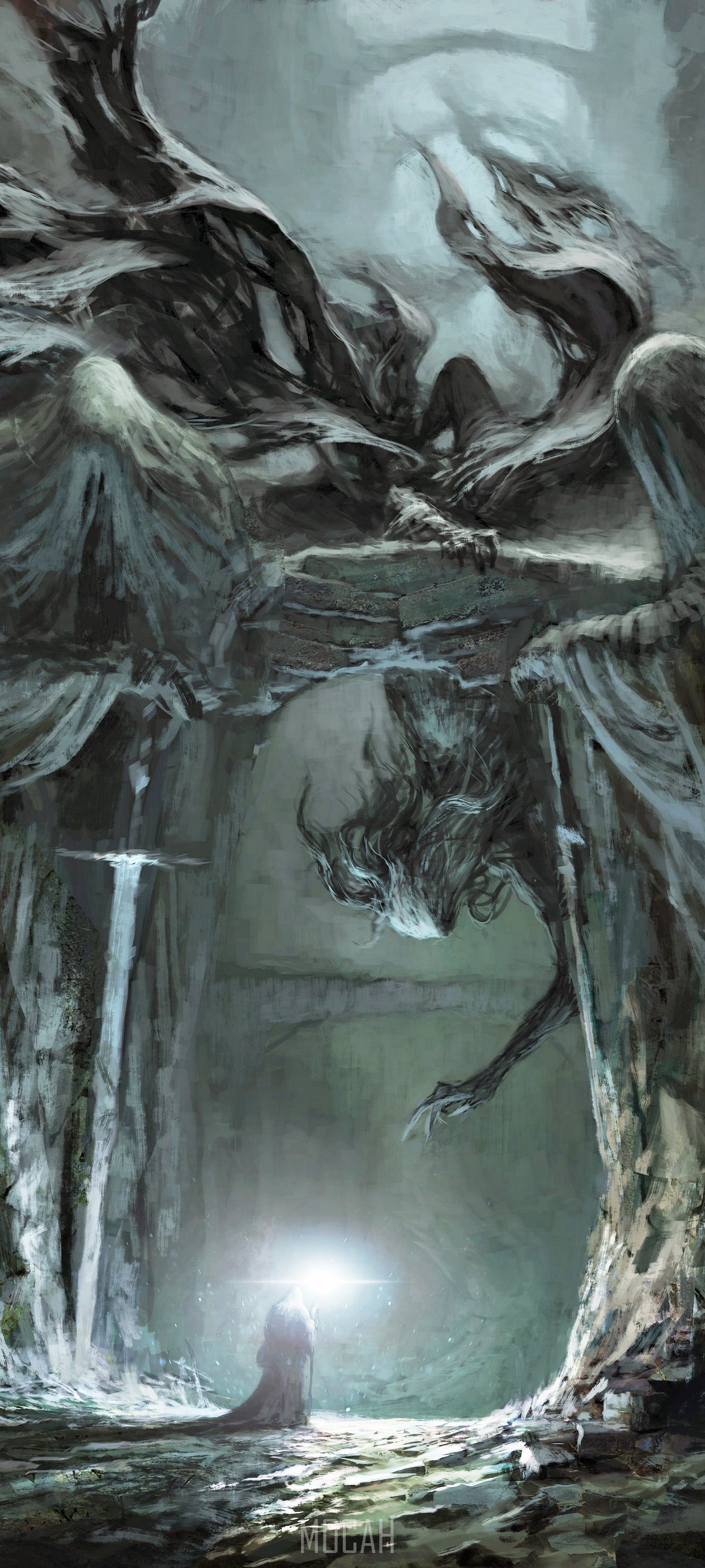 Dark Fantasy Cave with Figure and Sword HD Phone Wallpaper