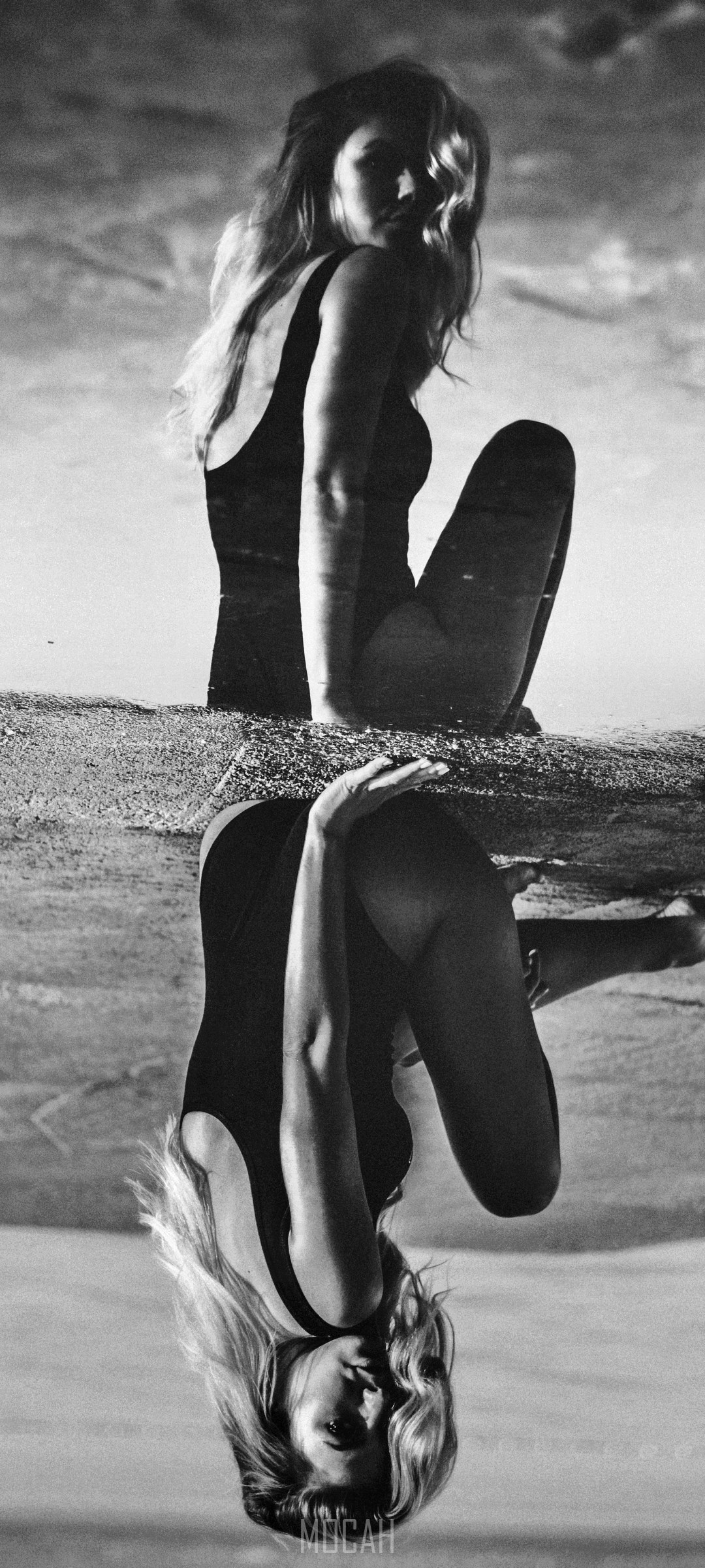 Woman in swimsuit reflected in water HD Phone Wallpaper