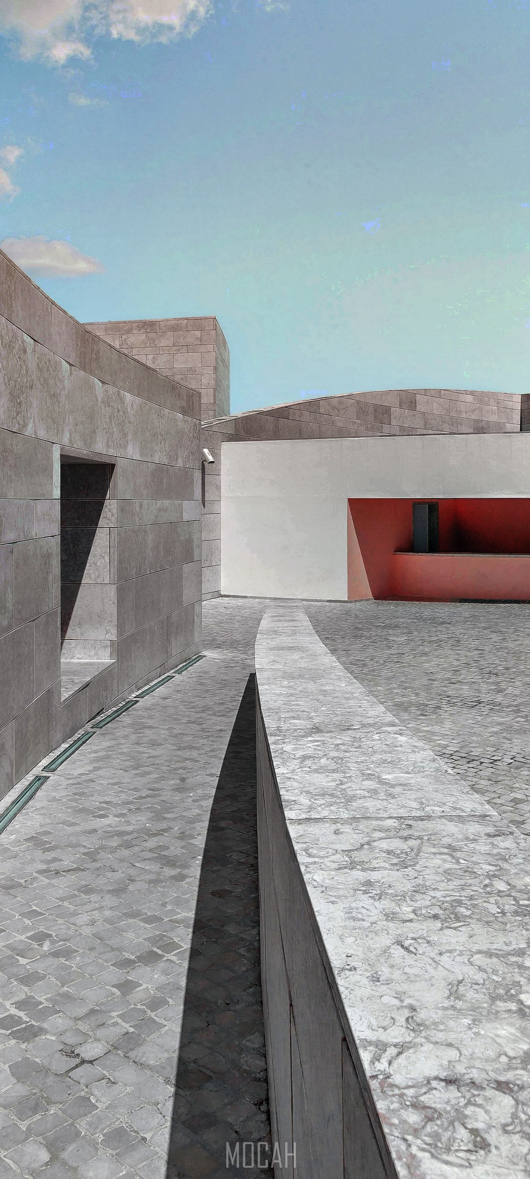 Modern architecture with stone walls and courtyard HD Phone Wallpaper