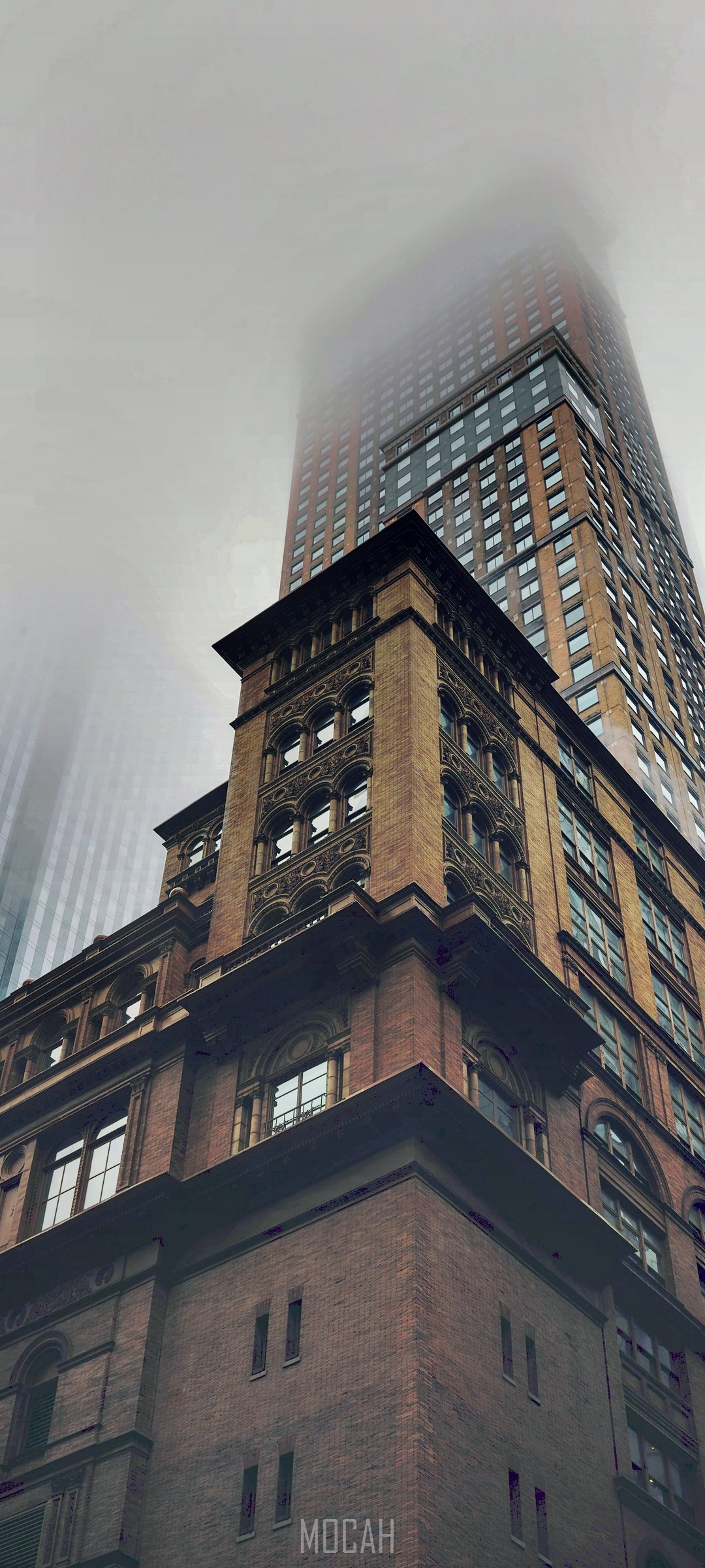 Brick building disappearing into fog in New York City HD Phone Wallpaper