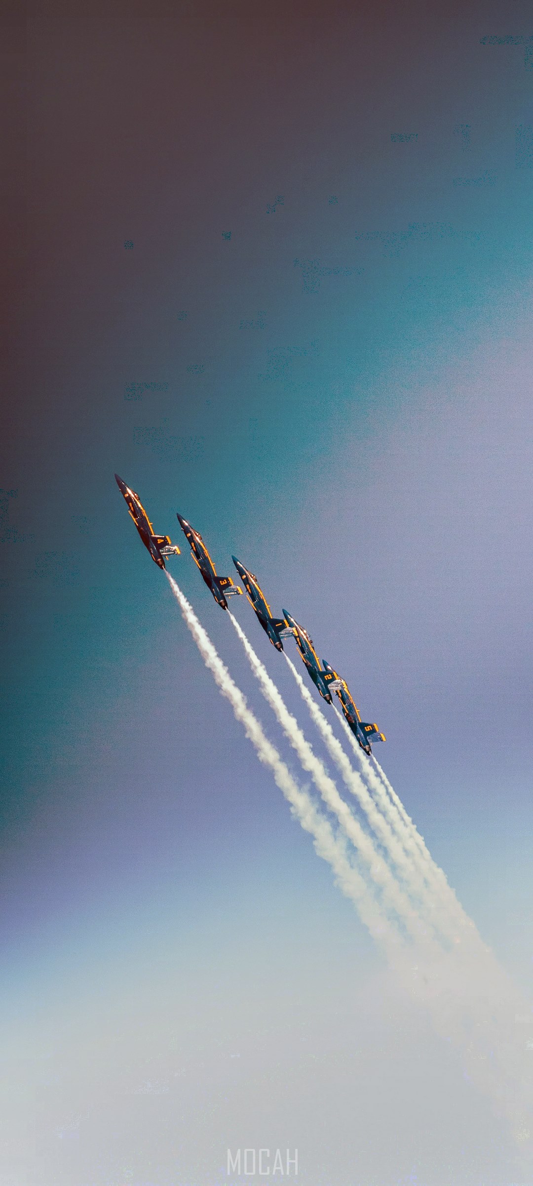 Five aerobatic airplanes in formation with smoke trails HD Phone Wallpaper
