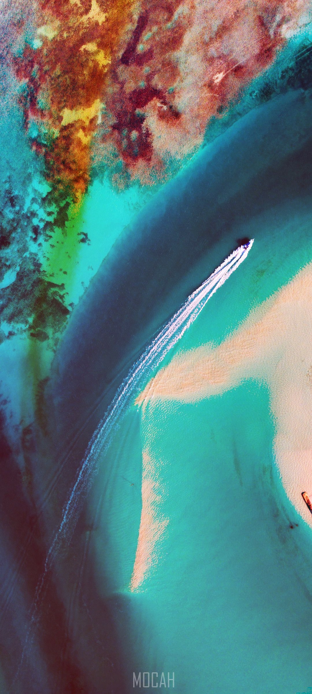 Aerial view of a boat on turquoise water HD Phone Wallpaper