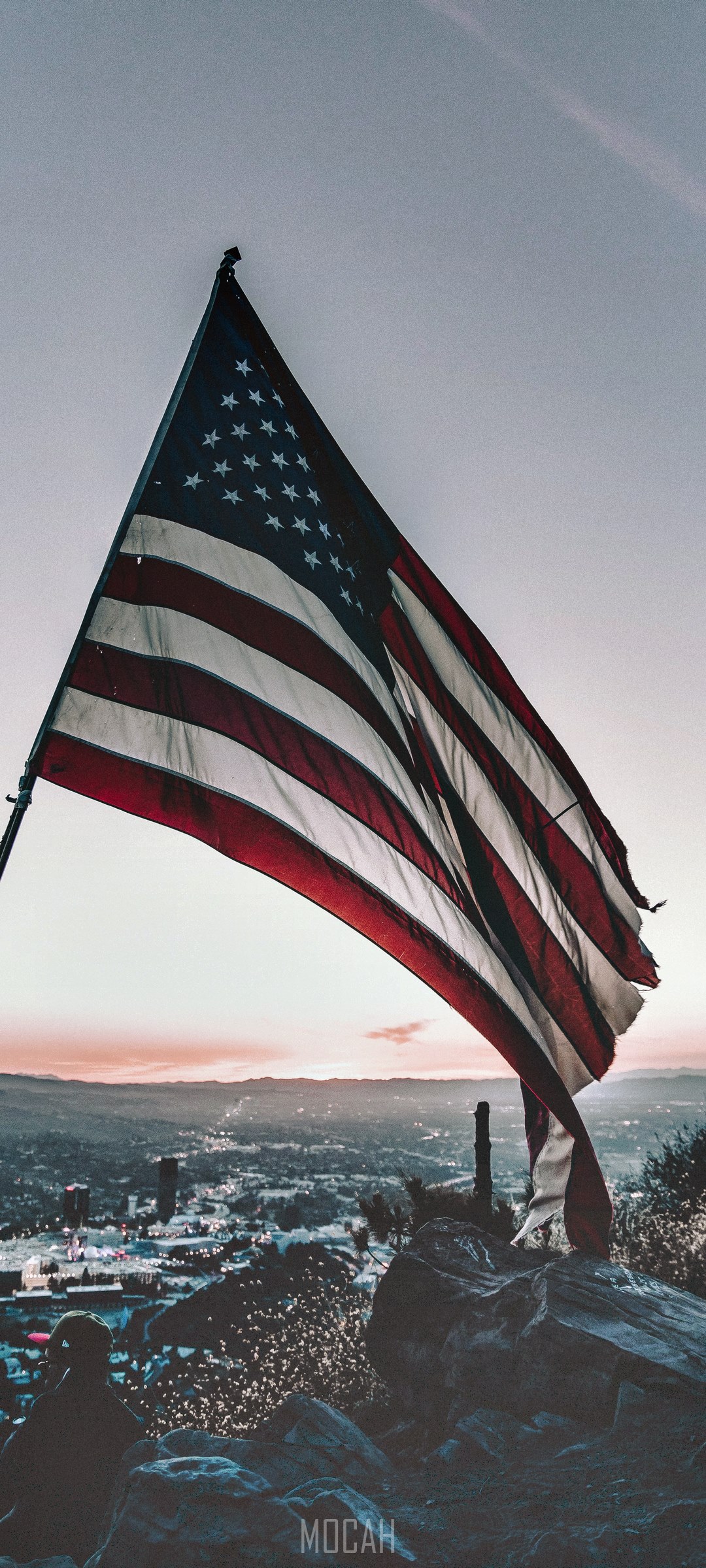 American flag over Los Angeles at sunset HD Phone Wallpaper