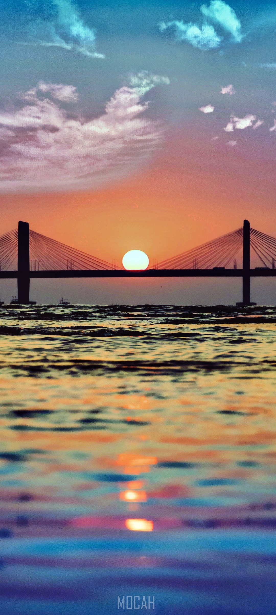 Bridge at sunset over the ocean HD Phone Wallpaper