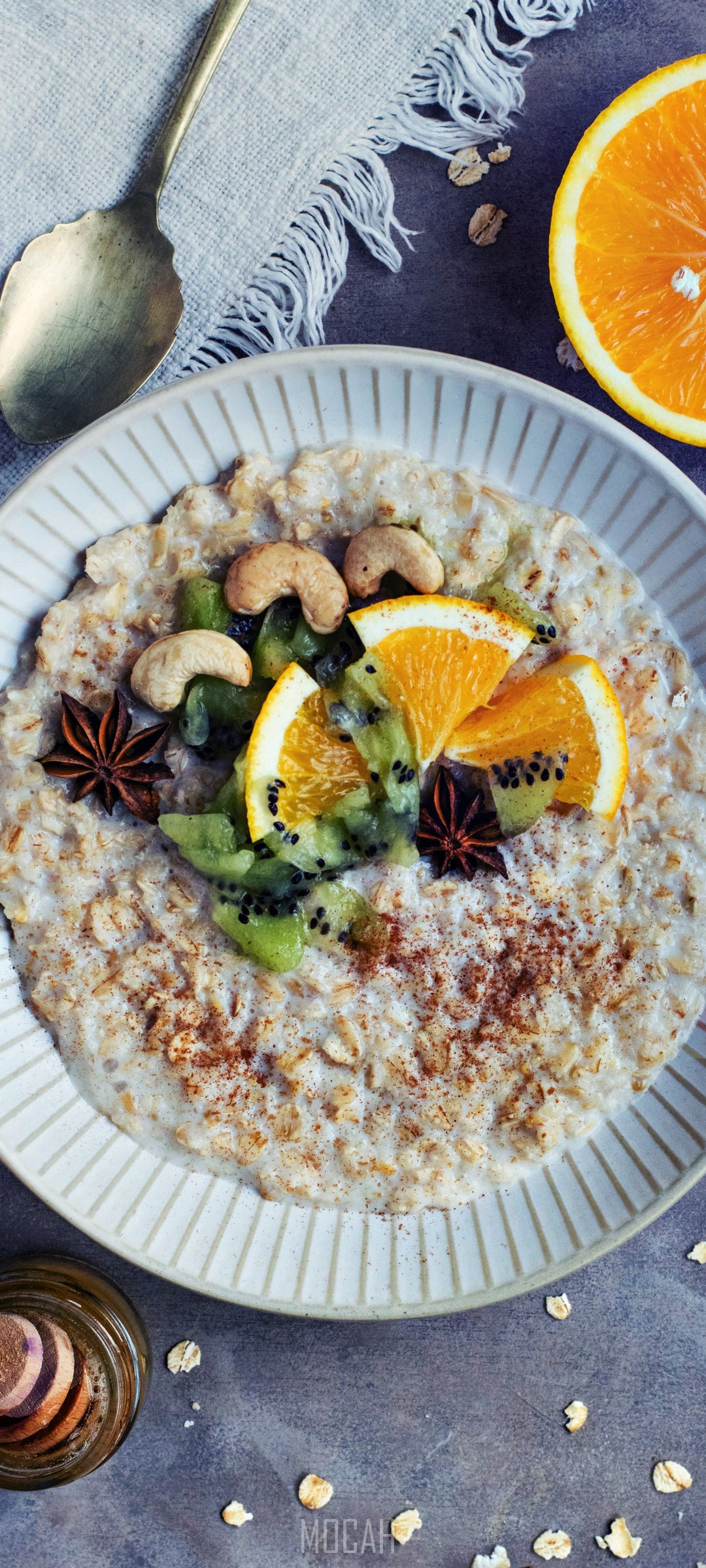 Oatmeal with Orange, Kiwi, Cashews, and Star Anise HD Phone Wallpaper