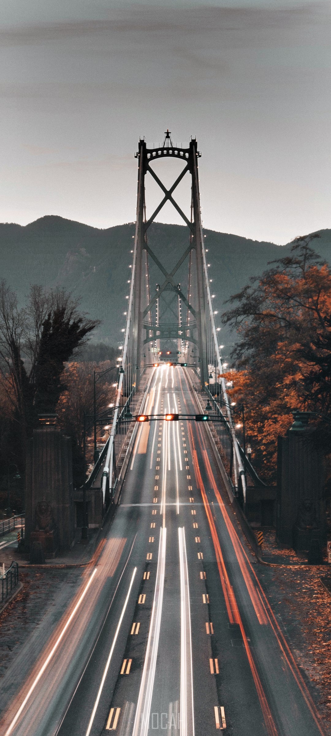 Suspension bridge with light trails at dusk HD Phone Wallpaper