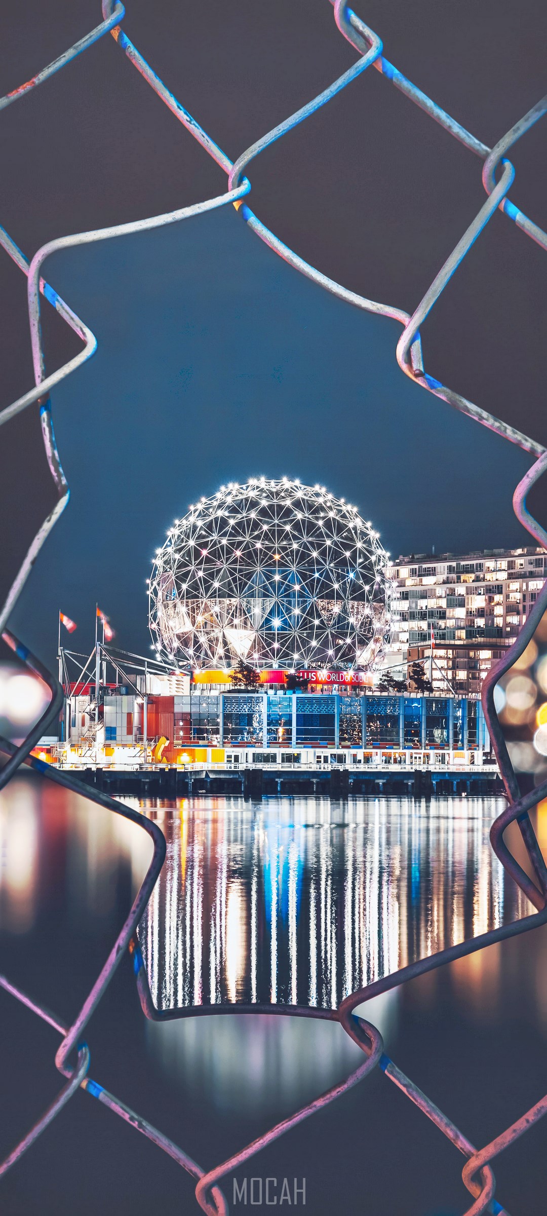 Science World Vancouver at Night Through Chain Link Fence HD Phone Wallpaper