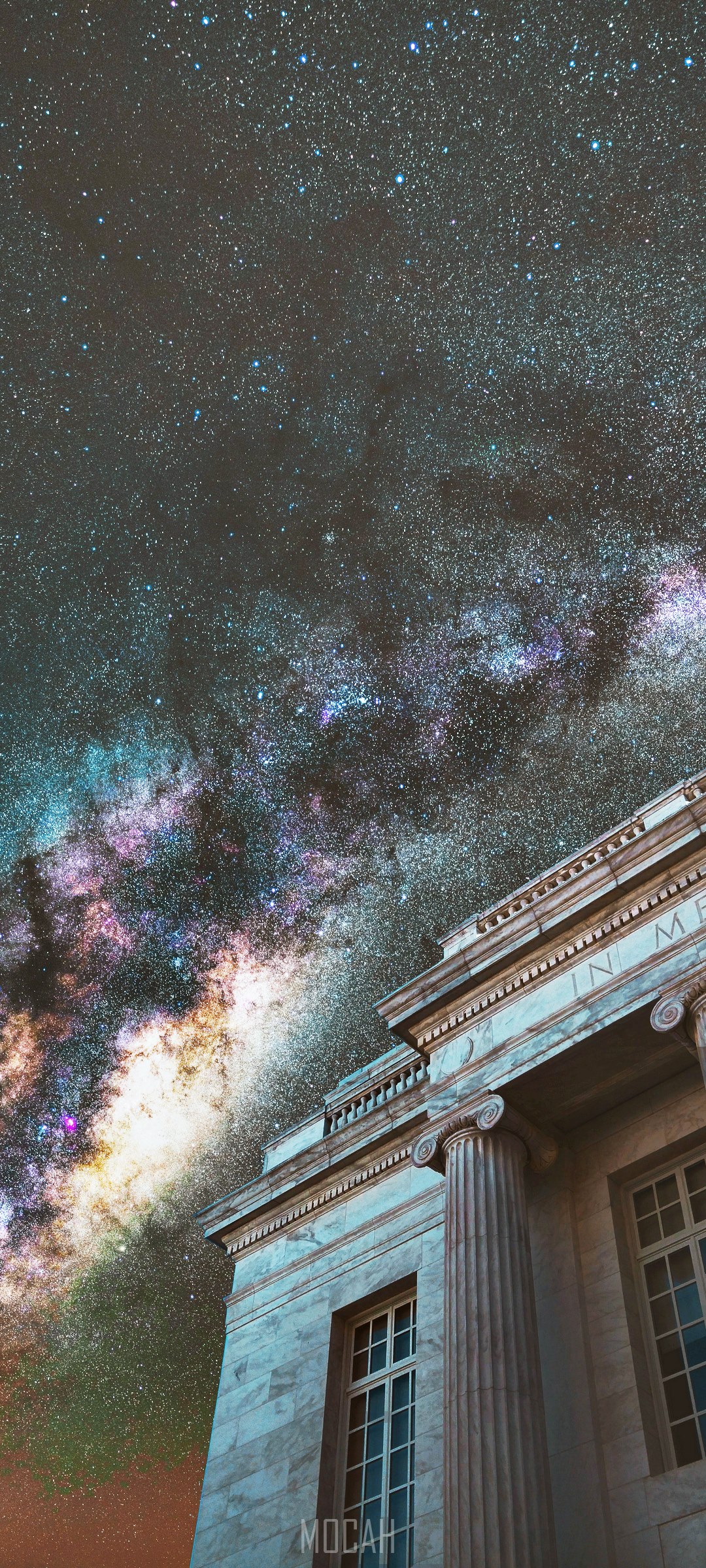 Milky Way galaxy over classical building with columns HD Phone Wallpaper