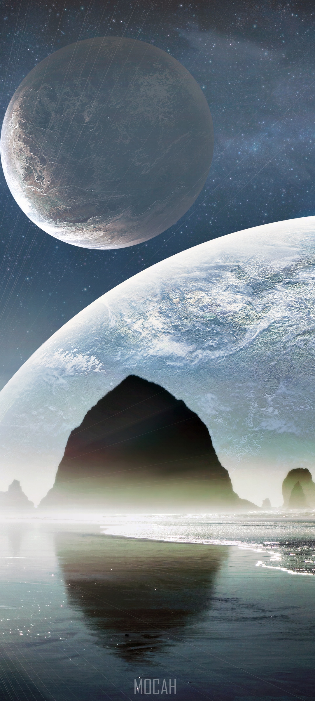 Two planets over a rocky coastline with reflections HD Phone Wallpaper