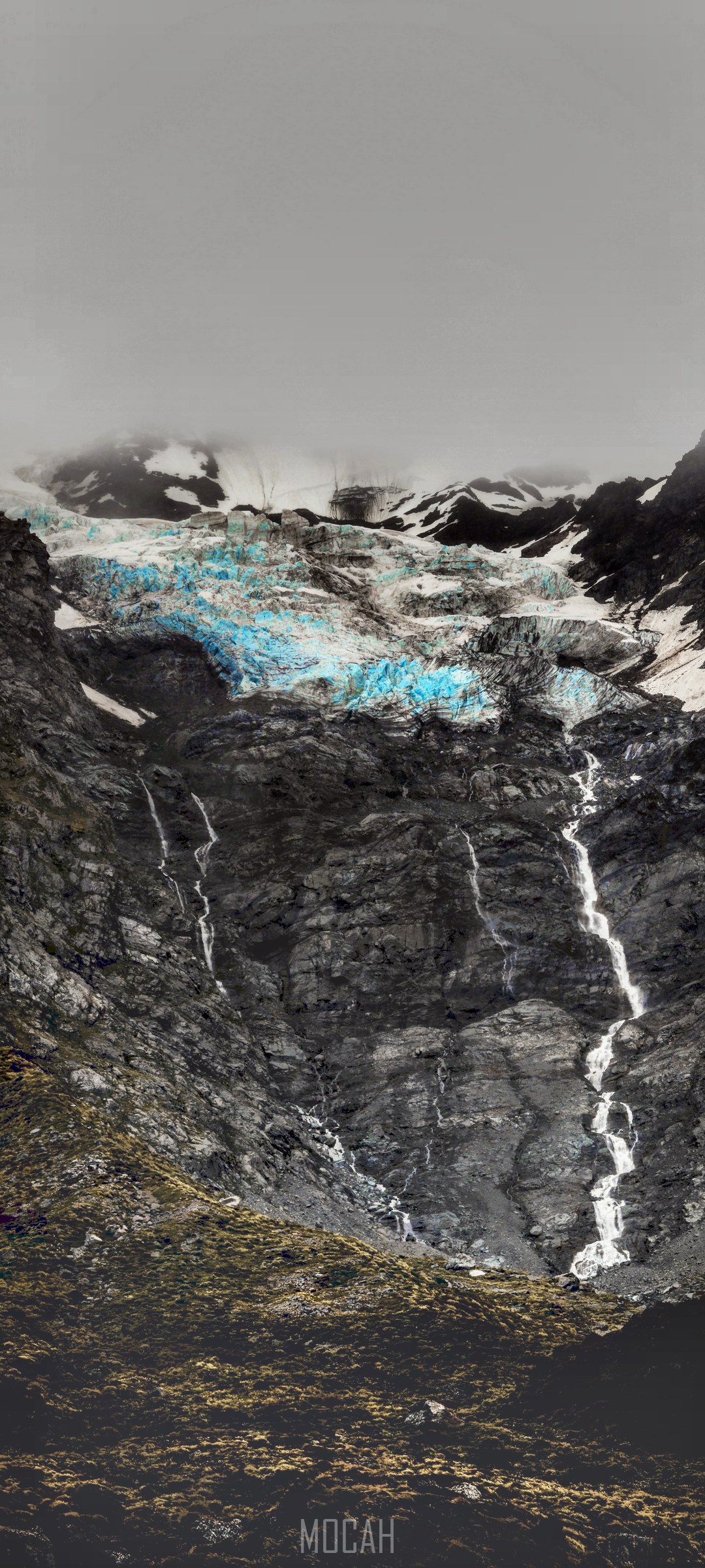 Glacier on a rocky mountain with waterfalls HD Phone Wallpaper