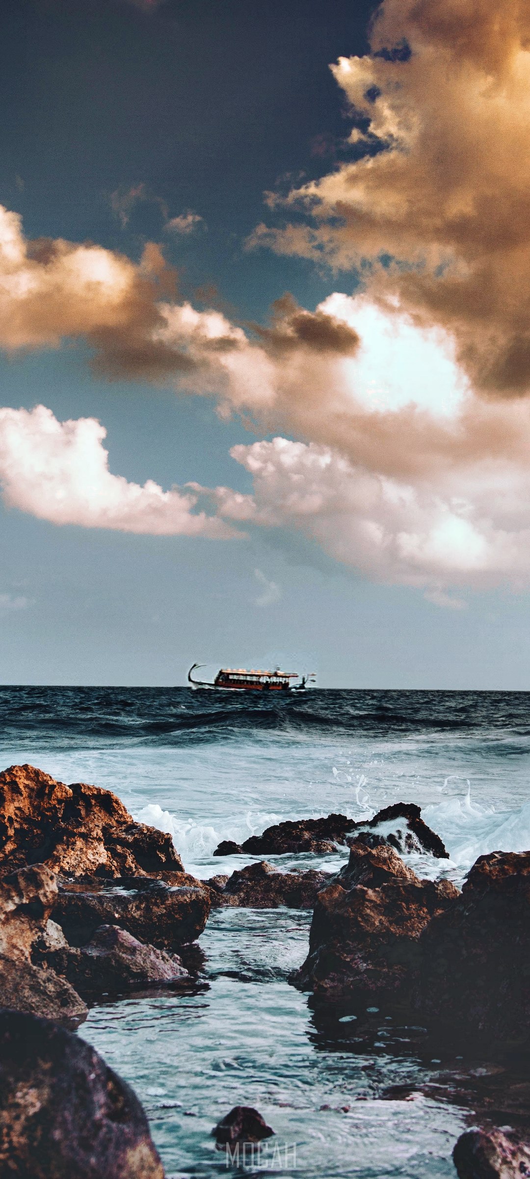 Boat on the sea with rocky shore and clouds HD Phone Wallpaper