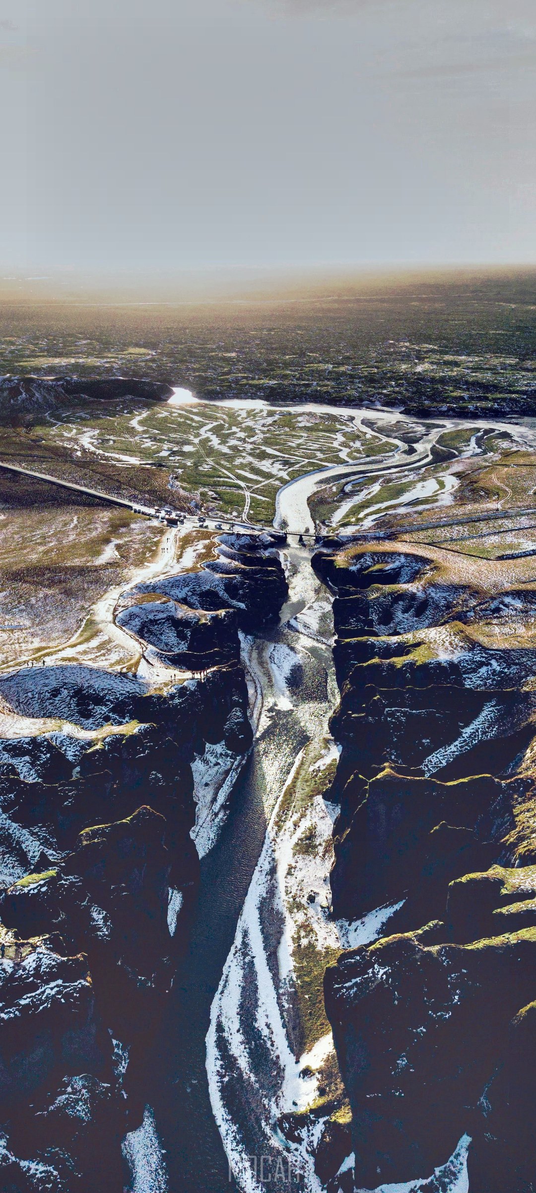 Aerial view of a canyon with a river in Iceland HD Phone Wallpaper