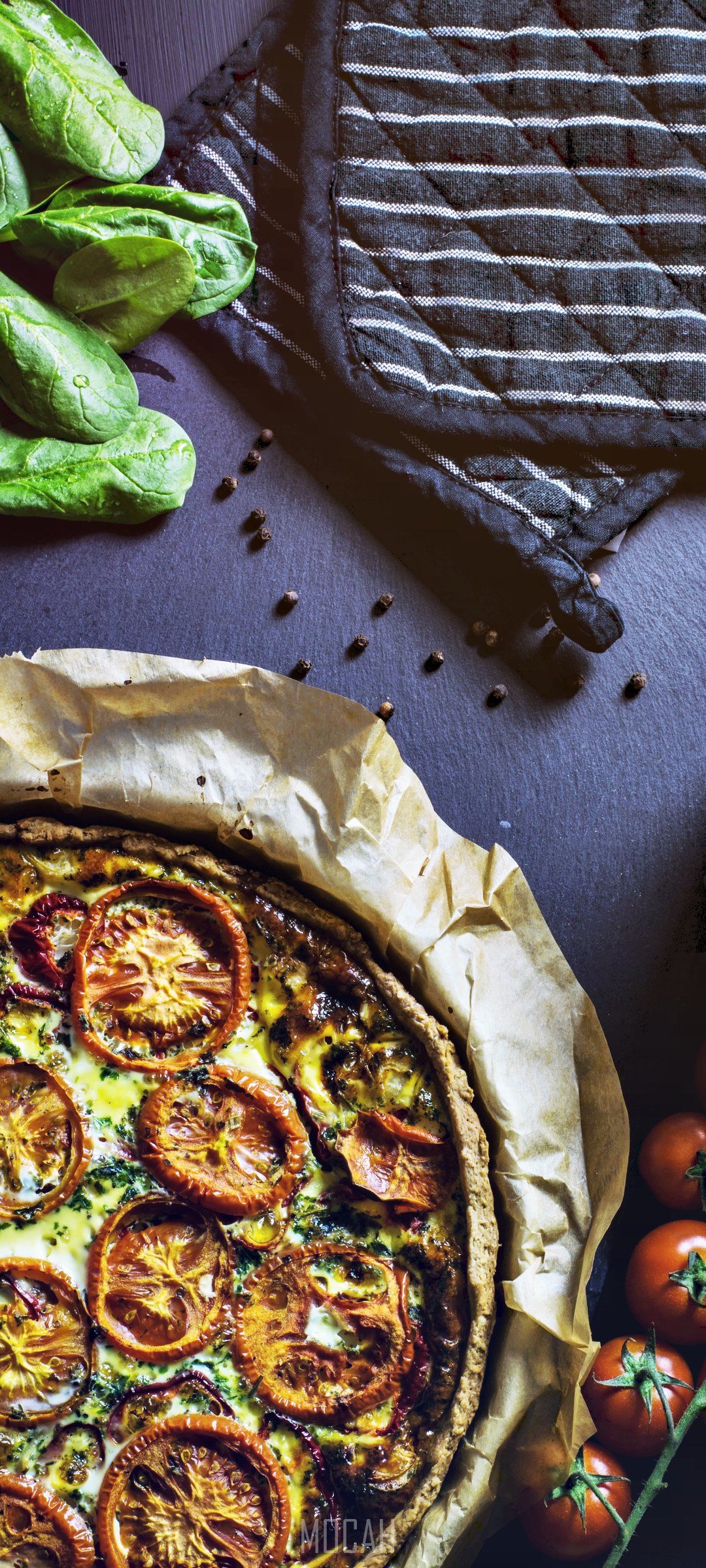 Tomato and Spinach Quiche with Fresh Ingredients HD Phone Wallpaper