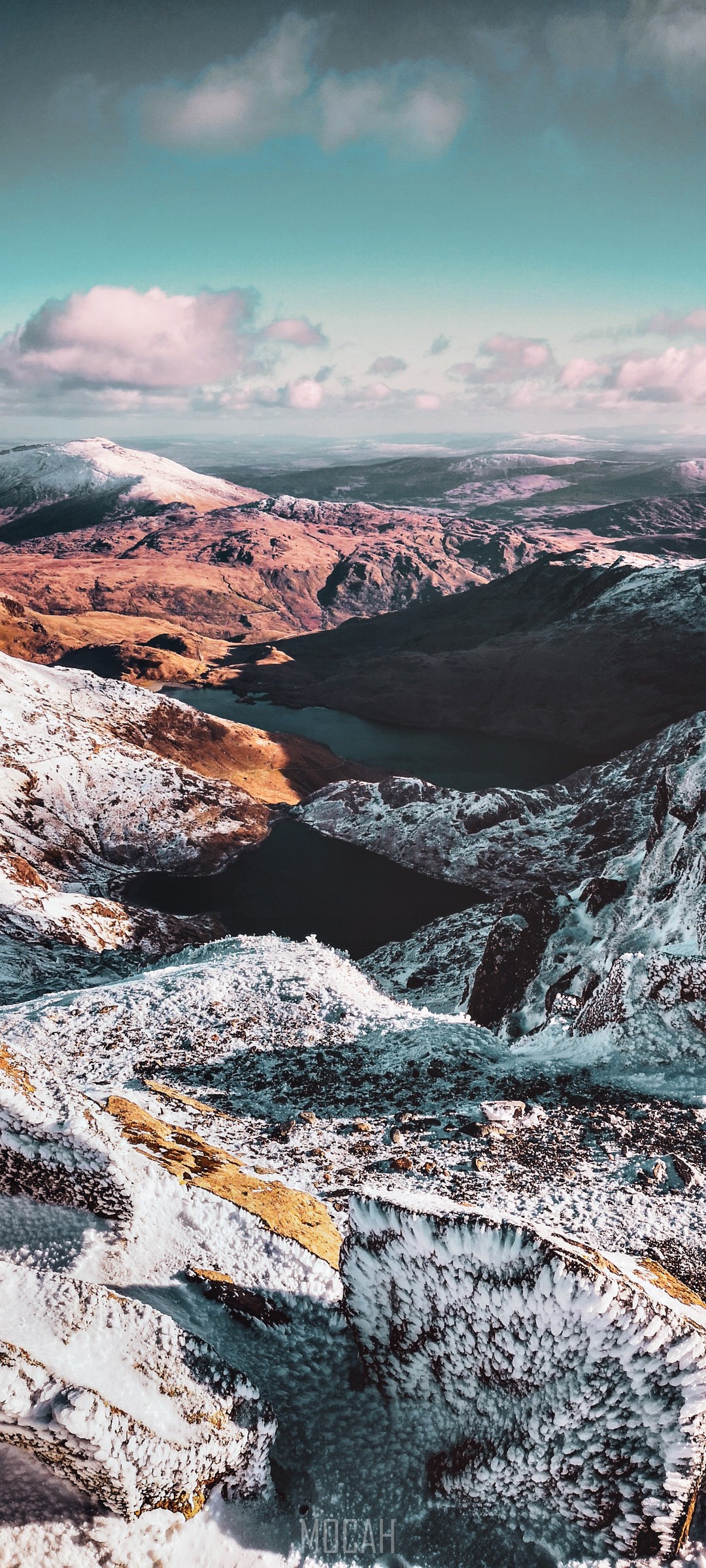 Snowy mountain range with a lake and clouds HD Phone Wallpaper