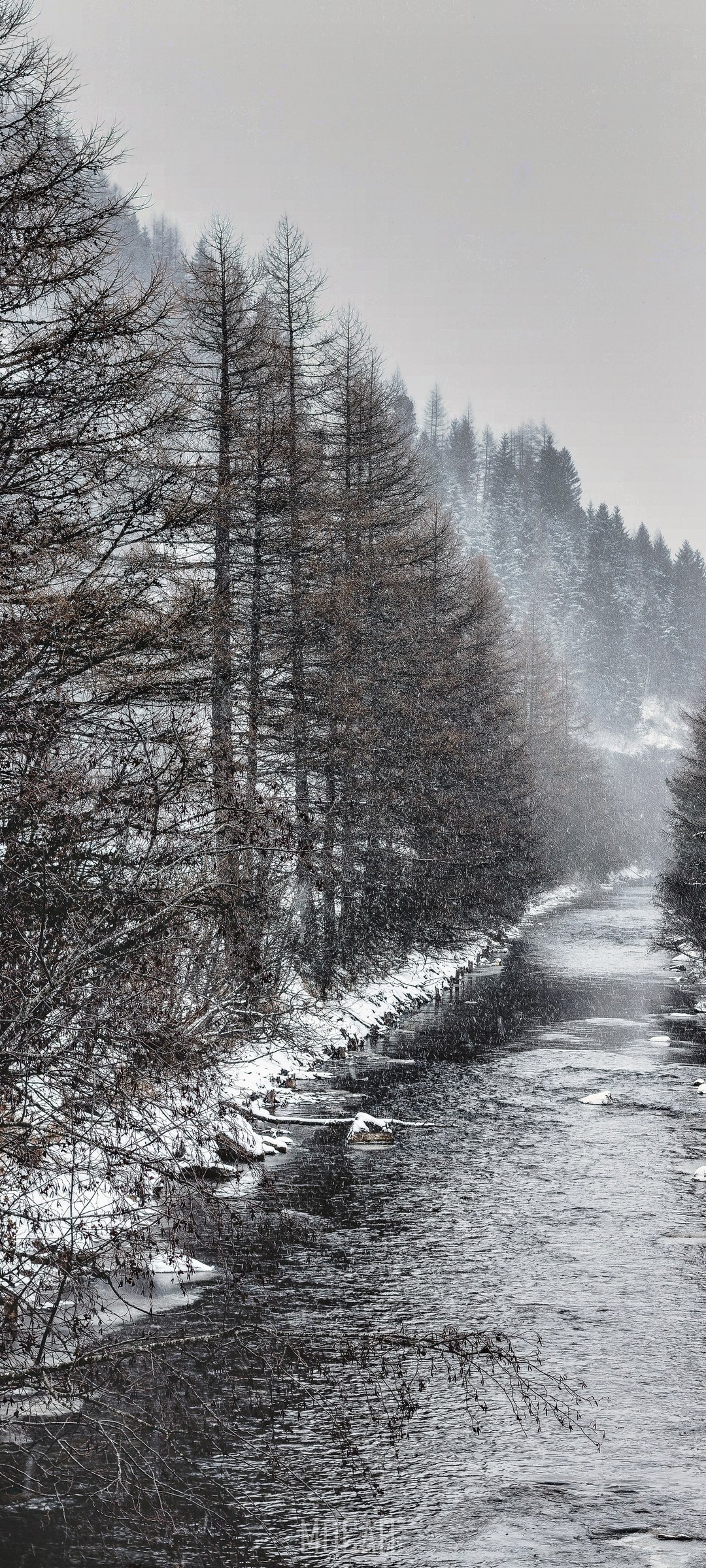 Snowfall on a river with trees HD Phone Wallpaper