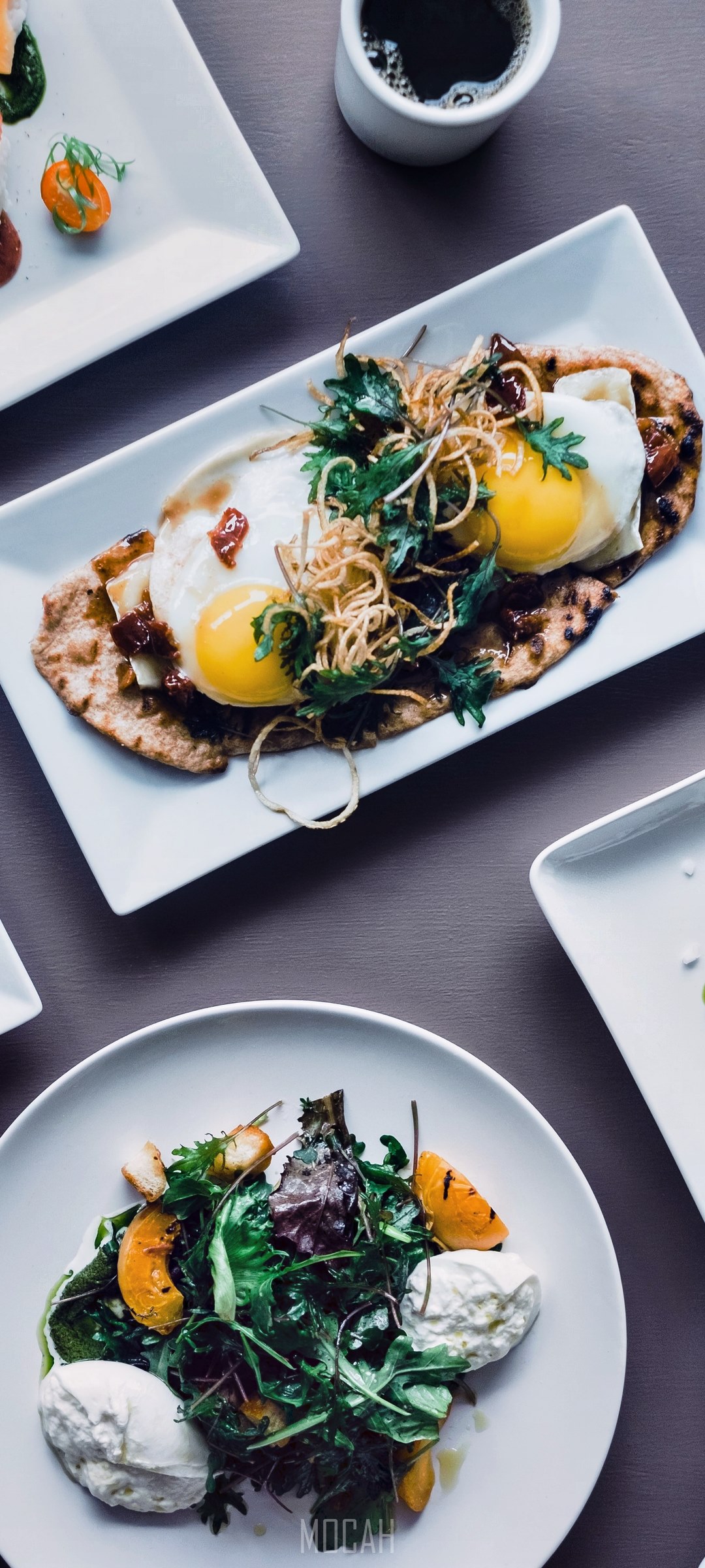 Fried eggs on flatbread with salad and coffee HD Phone Wallpaper