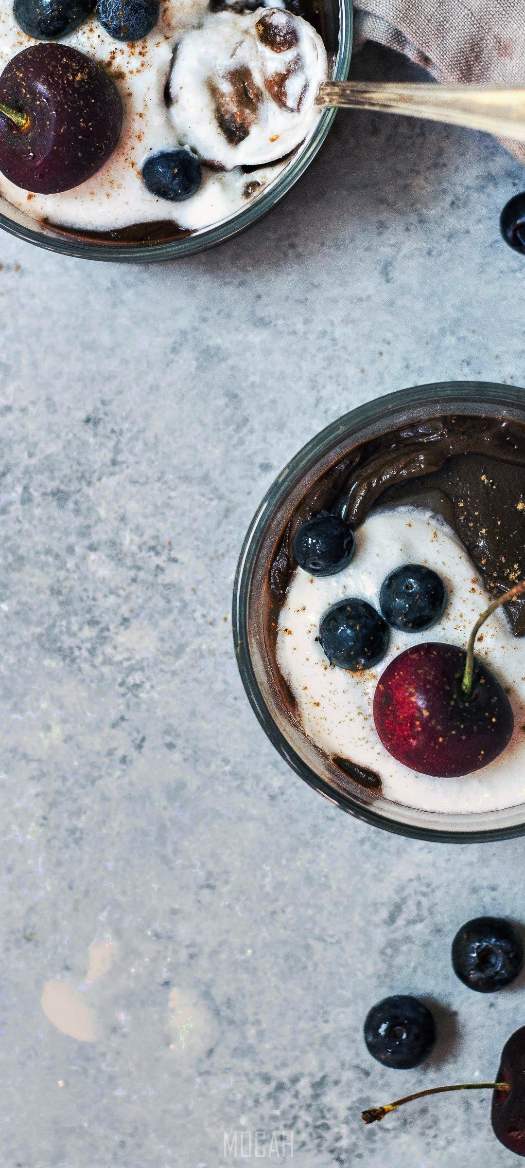 Chocolate avocado pudding with cherries and blueberries HD Phone Wallpaper