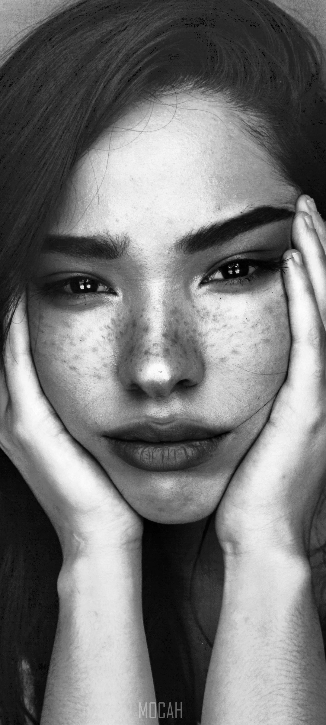 Black and white portrait of a young woman with freckles HD Phone Wallpaper