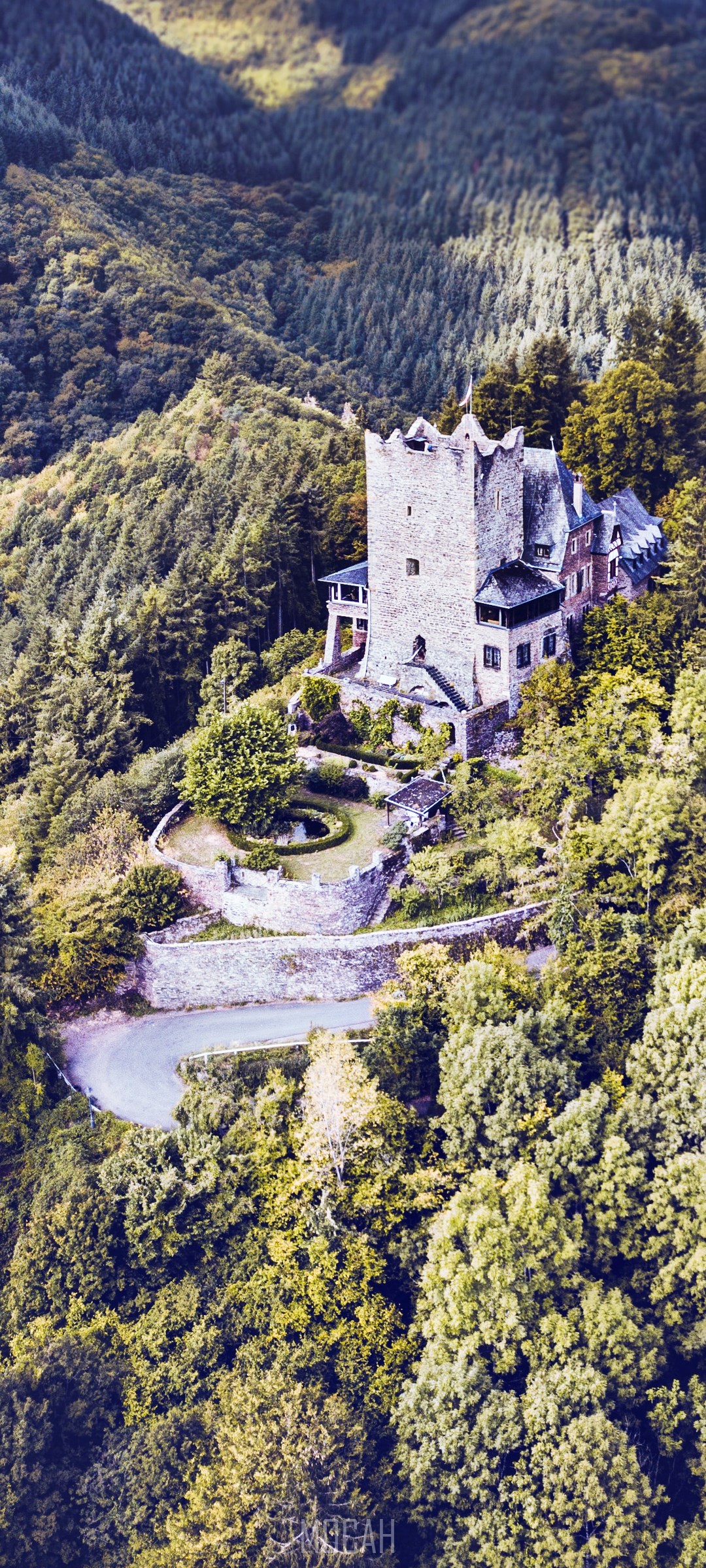 Castle on a forested mountain slope HD Phone Wallpaper