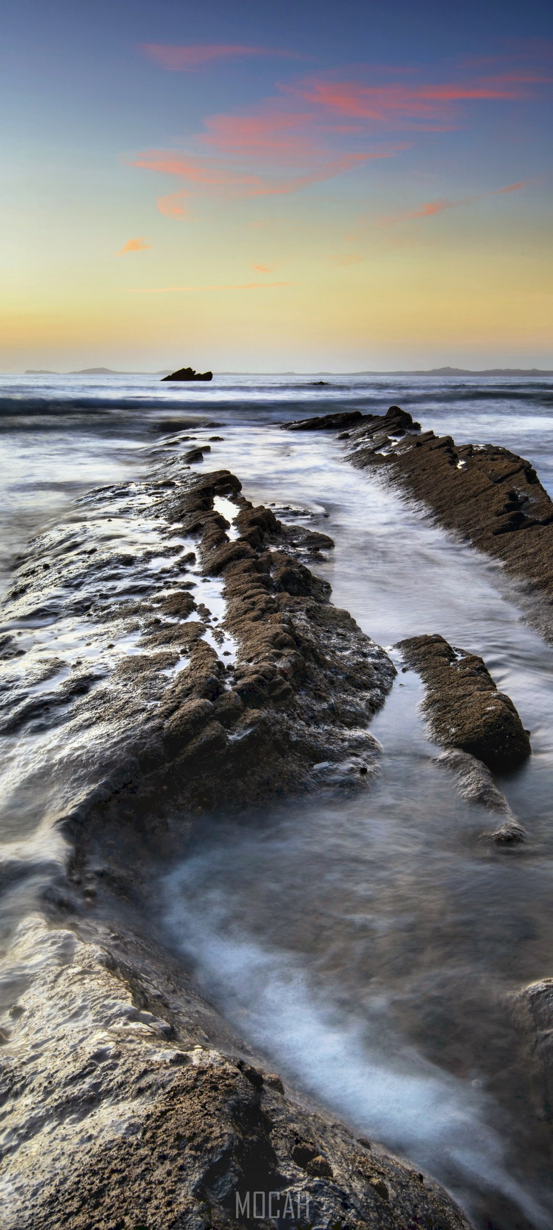 Sunset over rocky coast at Broad Haven, Wales HD Phone Wallpaper