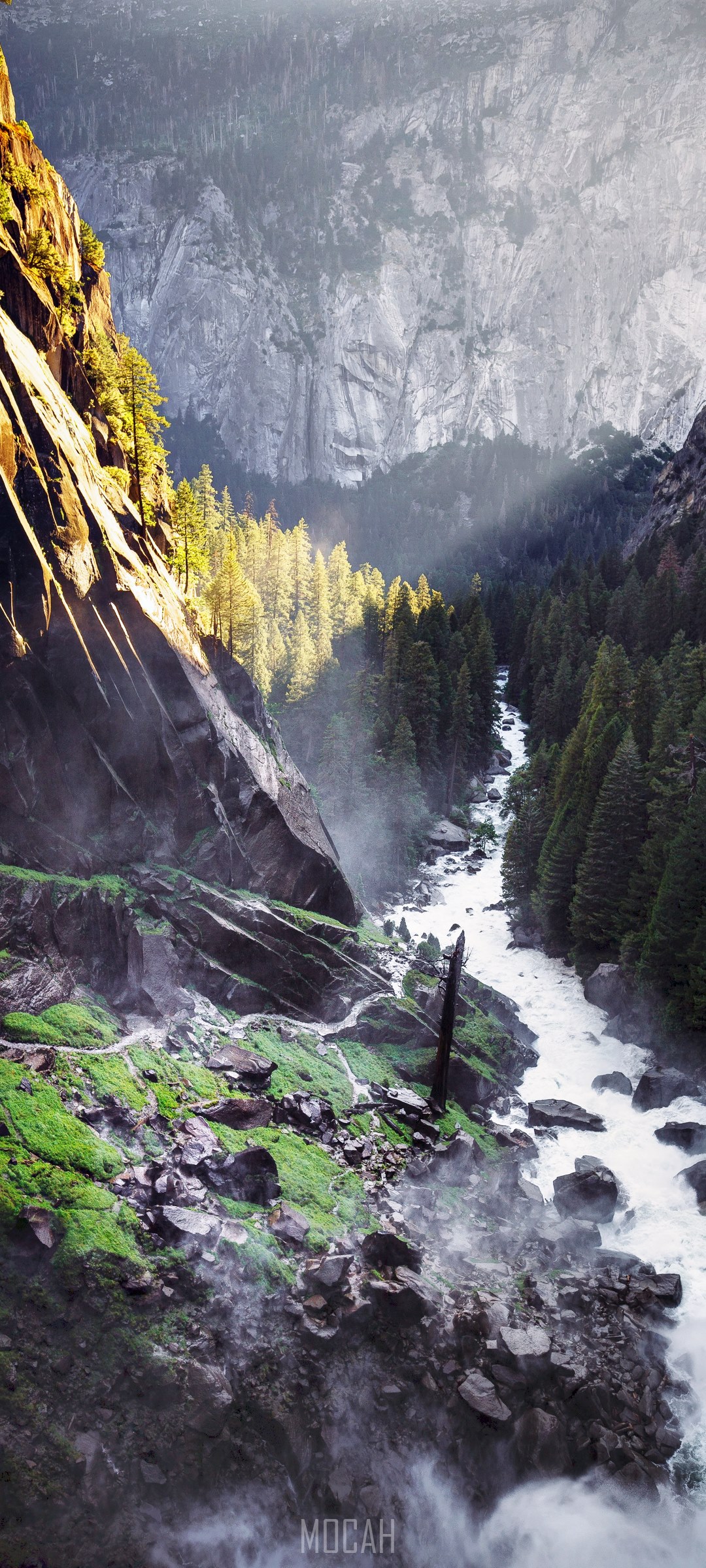 Vernal Falls at sunset with river and forest HD Phone Wallpaper