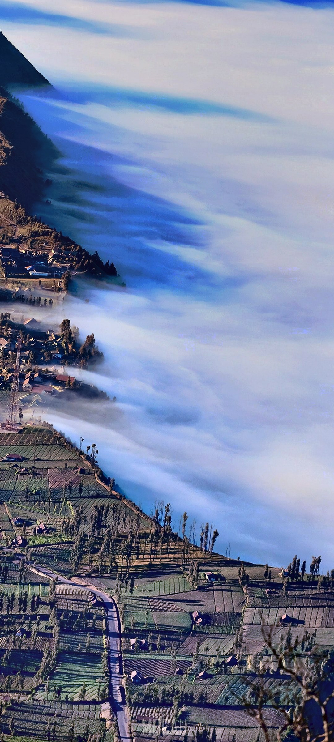 Foggy mountain village with terraced fields HD Phone Wallpaper