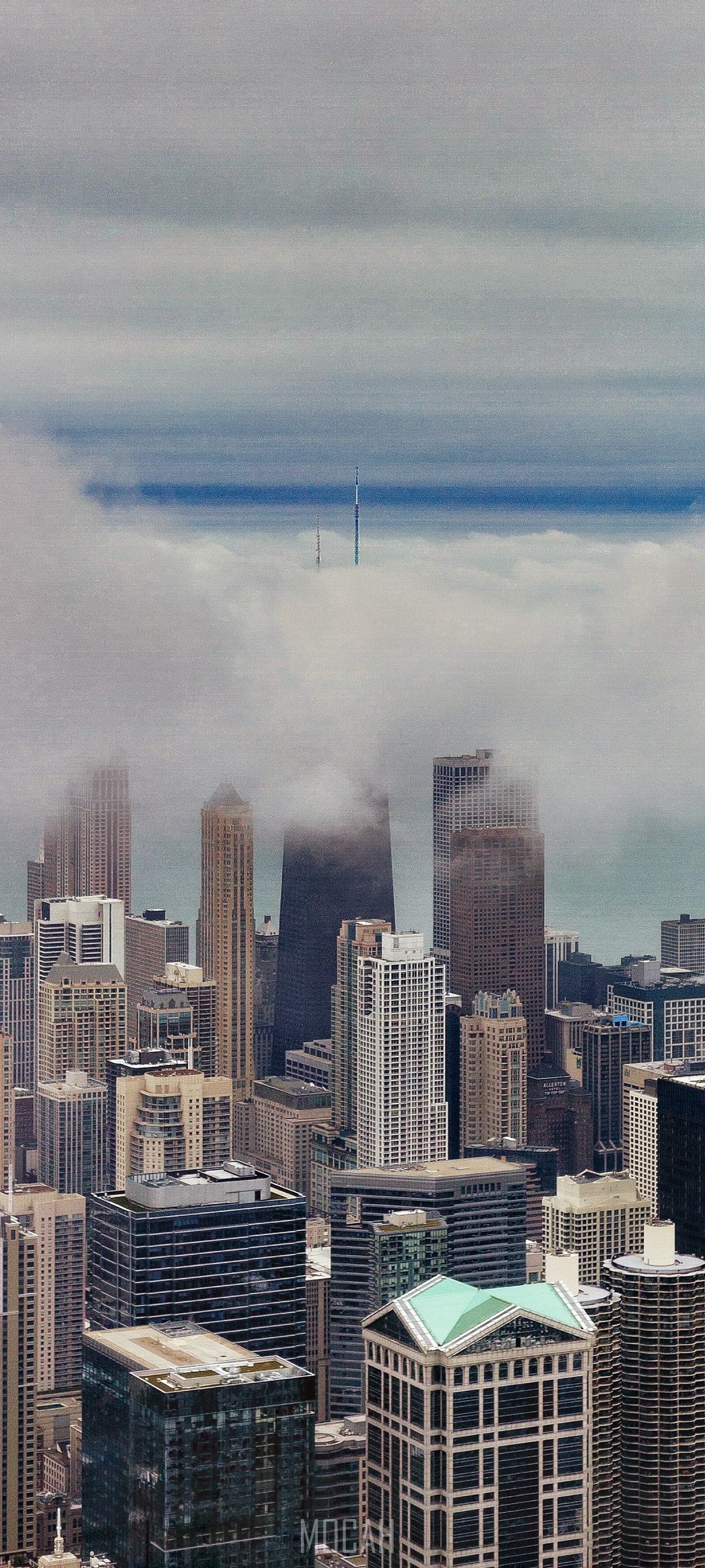 Chicago skyscrapers shrouded in fog with antennas HD Phone Wallpaper