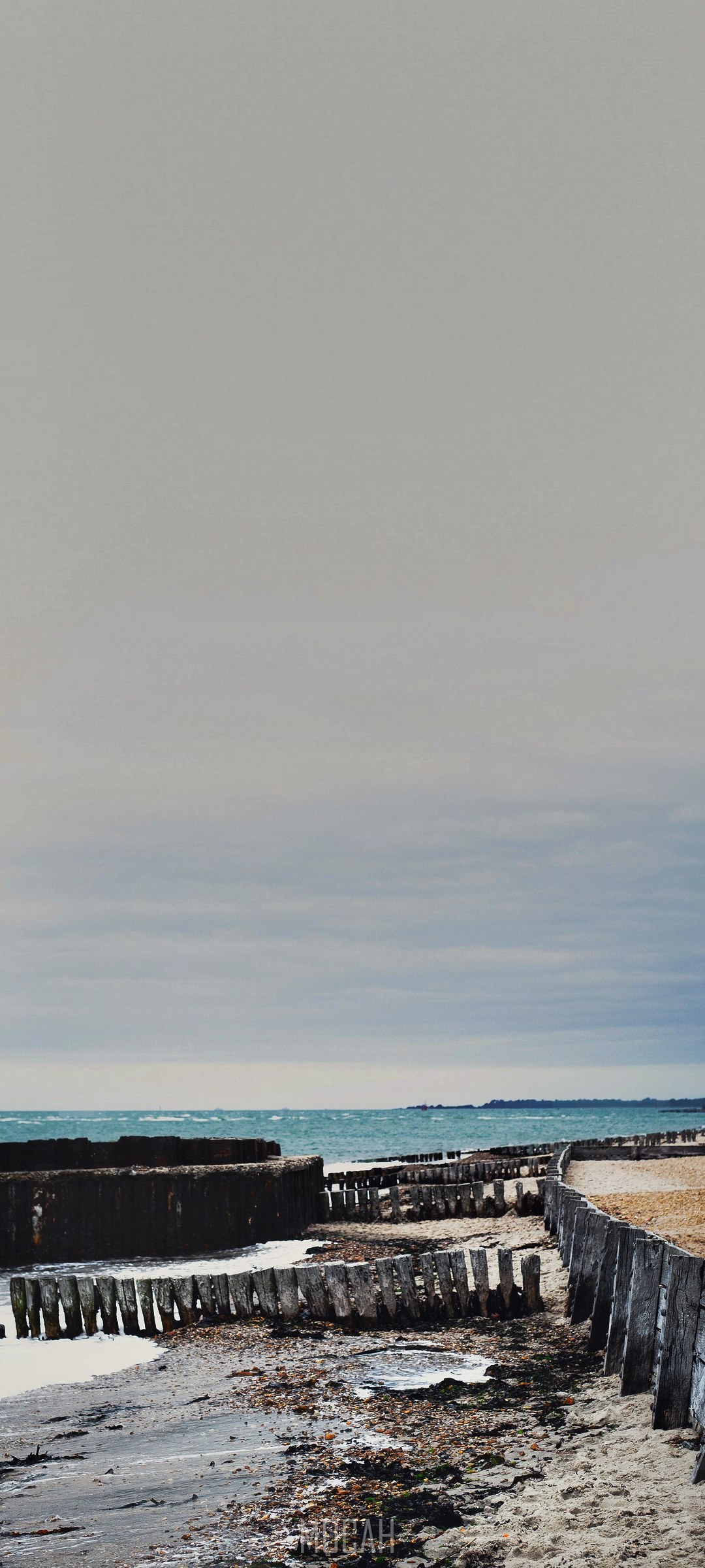 Wooden breakwaters on a sandy beach by the ocean HD Phone Wallpaper