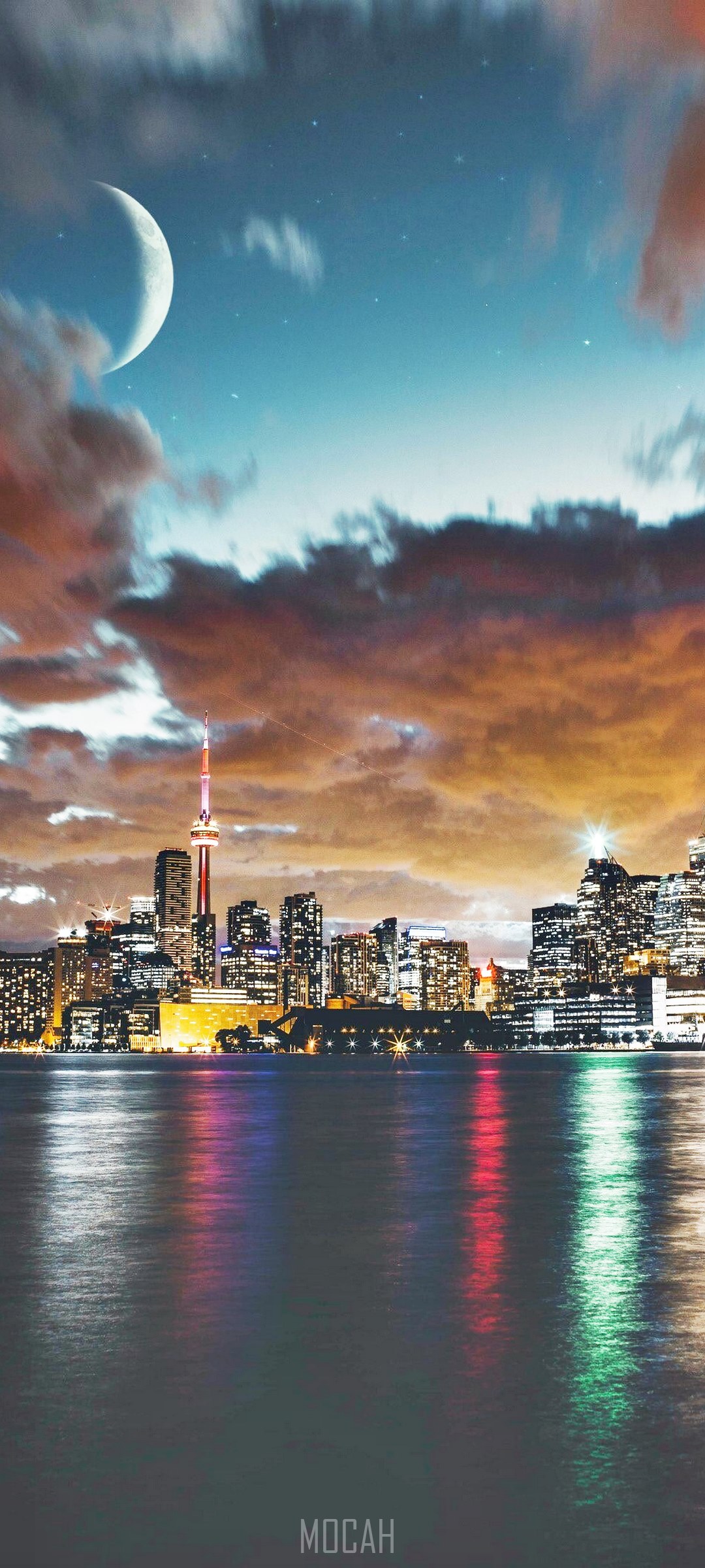Toronto skyline at night with moon and clouds HD Phone Wallpaper