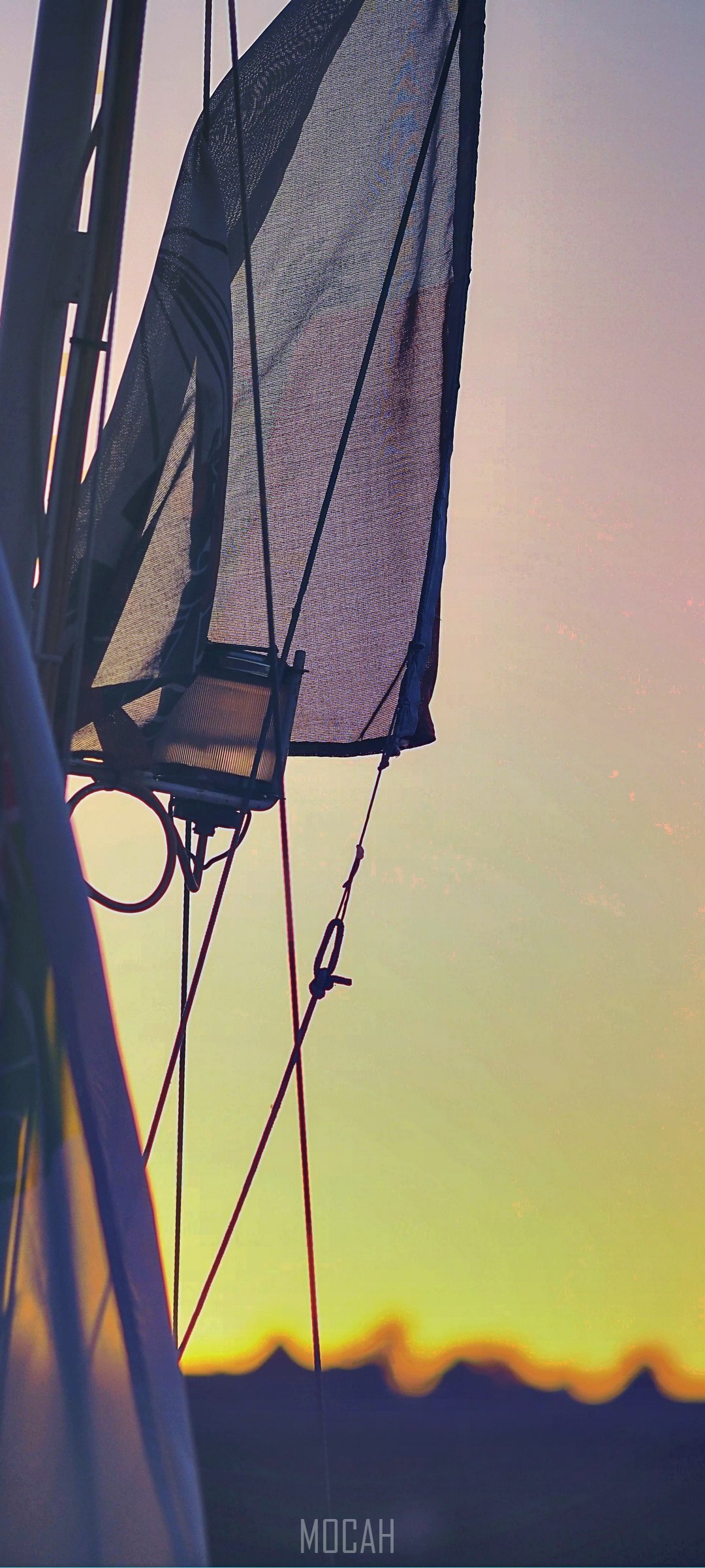 Sailboat rigging against a sunset sky HD Phone Wallpaper