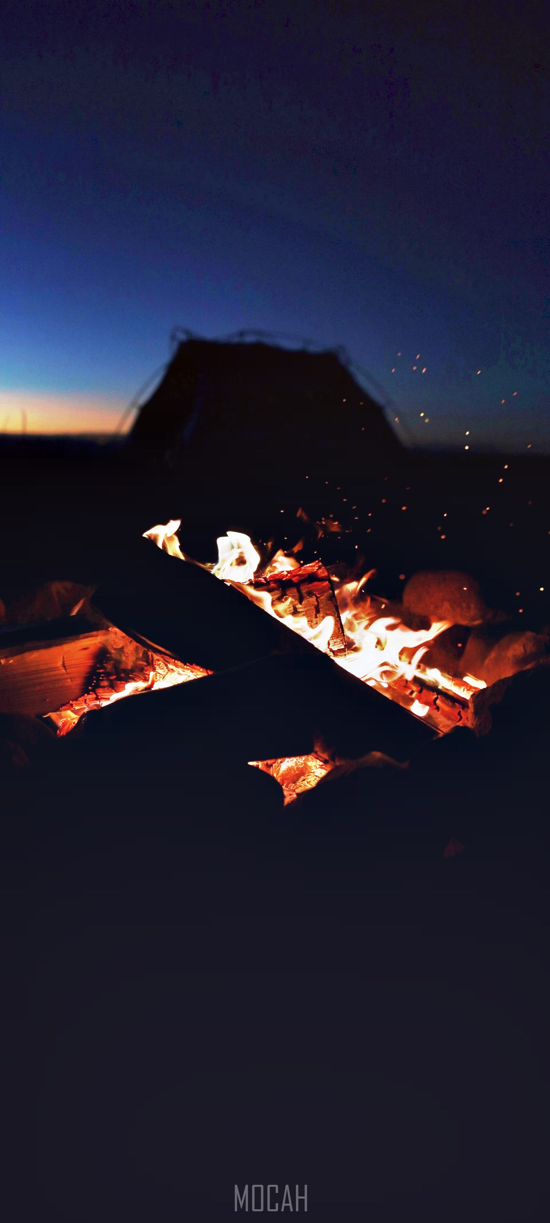 Campfire at dusk with a tent HD Phone Wallpaper