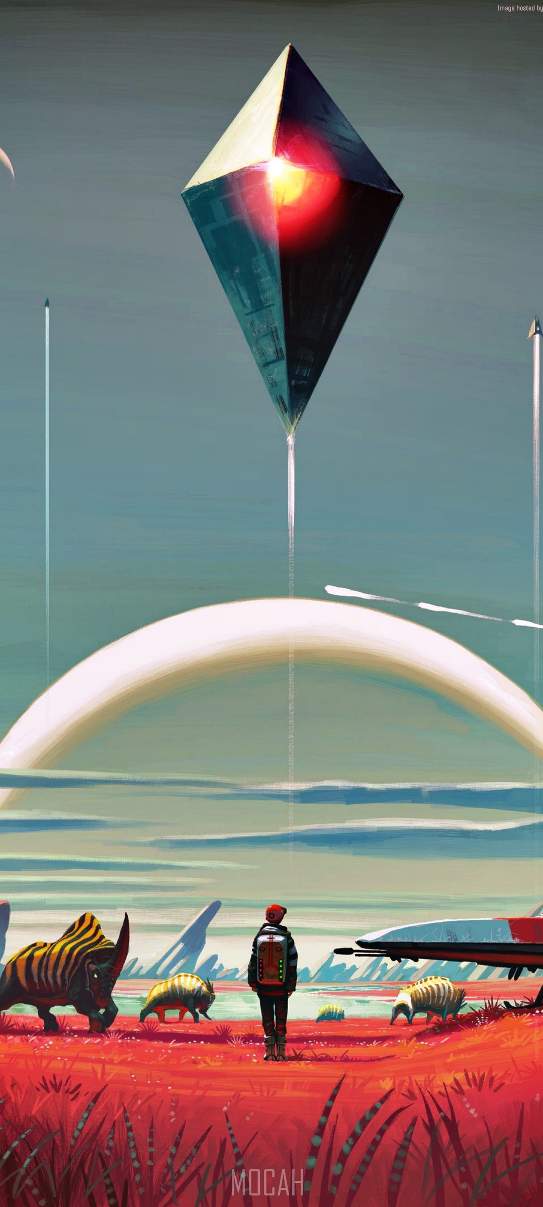 No Man's Sky alien landscape with traveler and diamond monolith HD Phone Wallpaper
