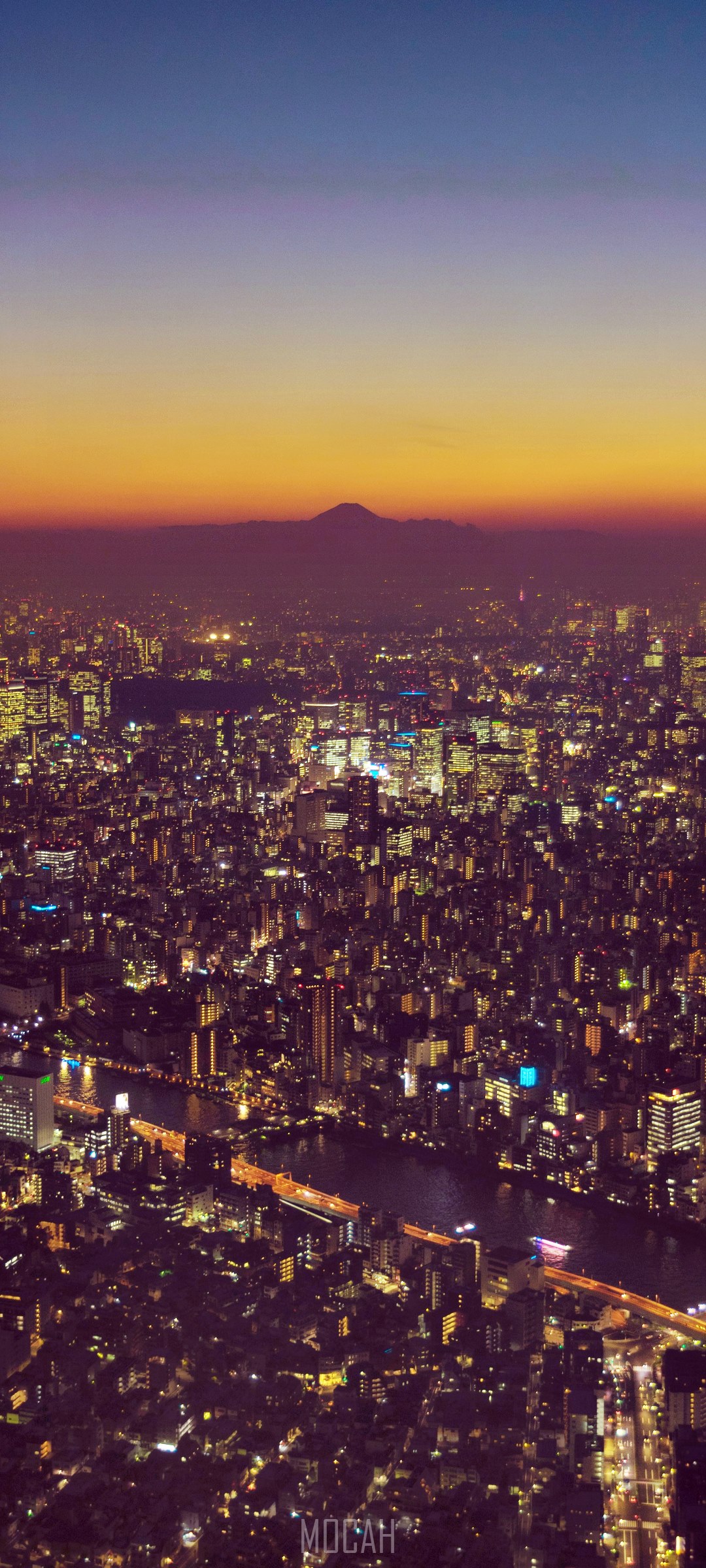 Tokyo cityscape at twilight with Mount Fuji in the distance HD Phone Wallpaper