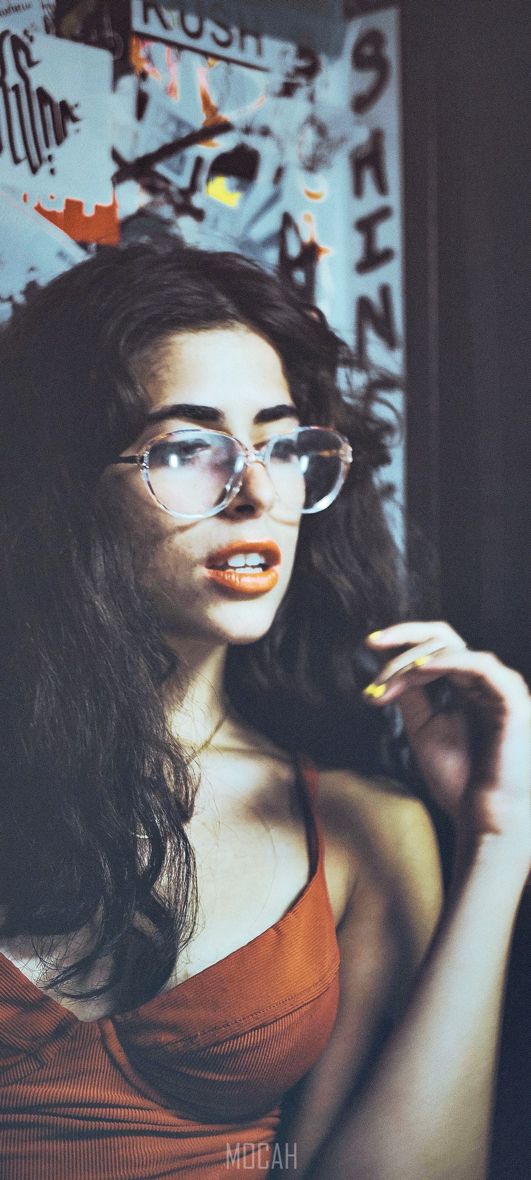 Woman with glasses and orange lipstick HD Phone Wallpaper
