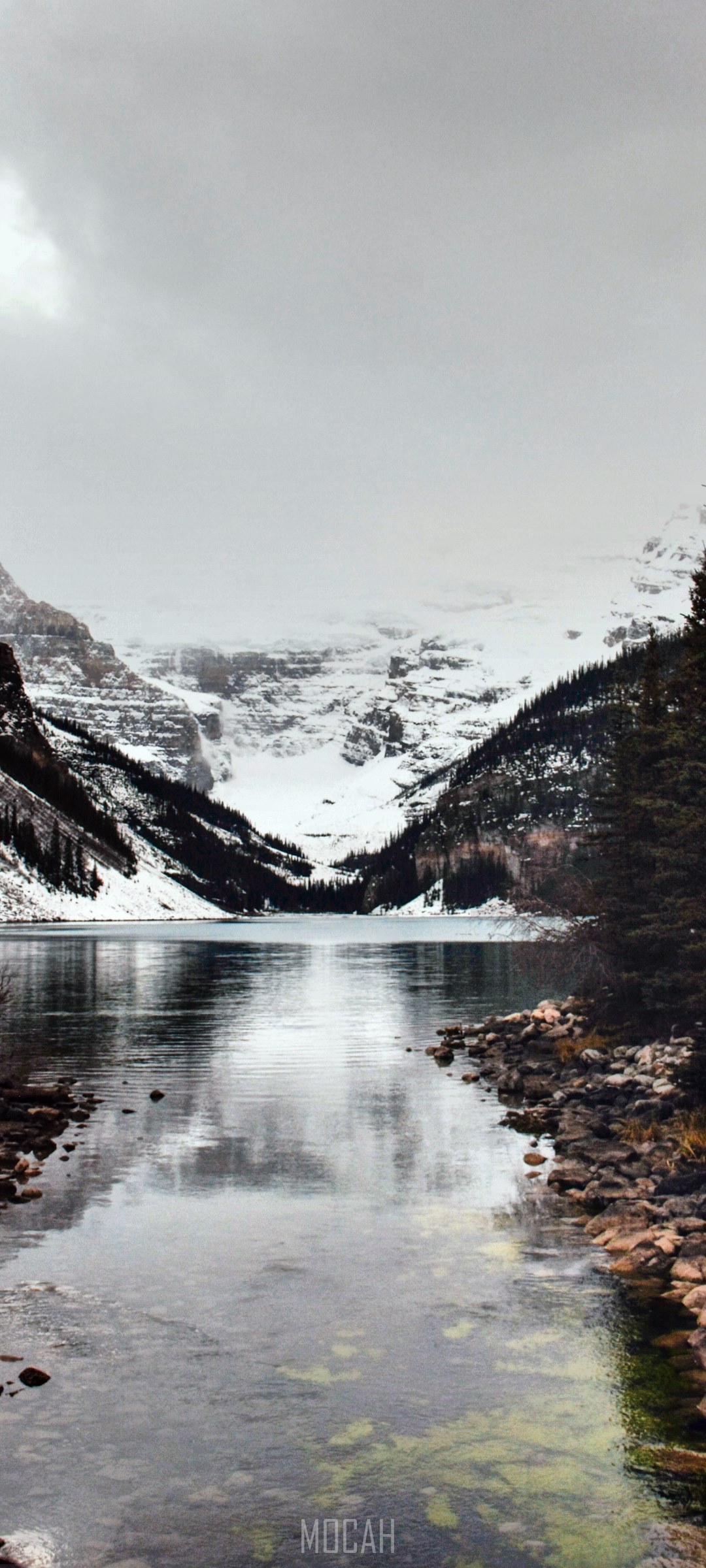 Lake Louise with snow-capped mountains and reflection HD Phone Wallpaper