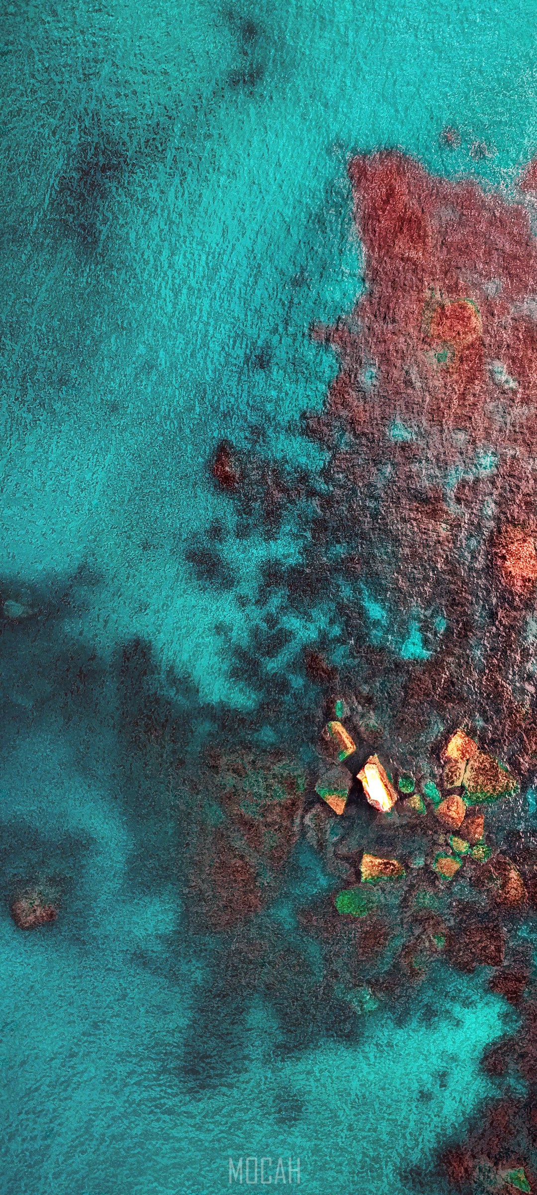 Aerial view of turquoise water and coral reef HD Phone Wallpaper