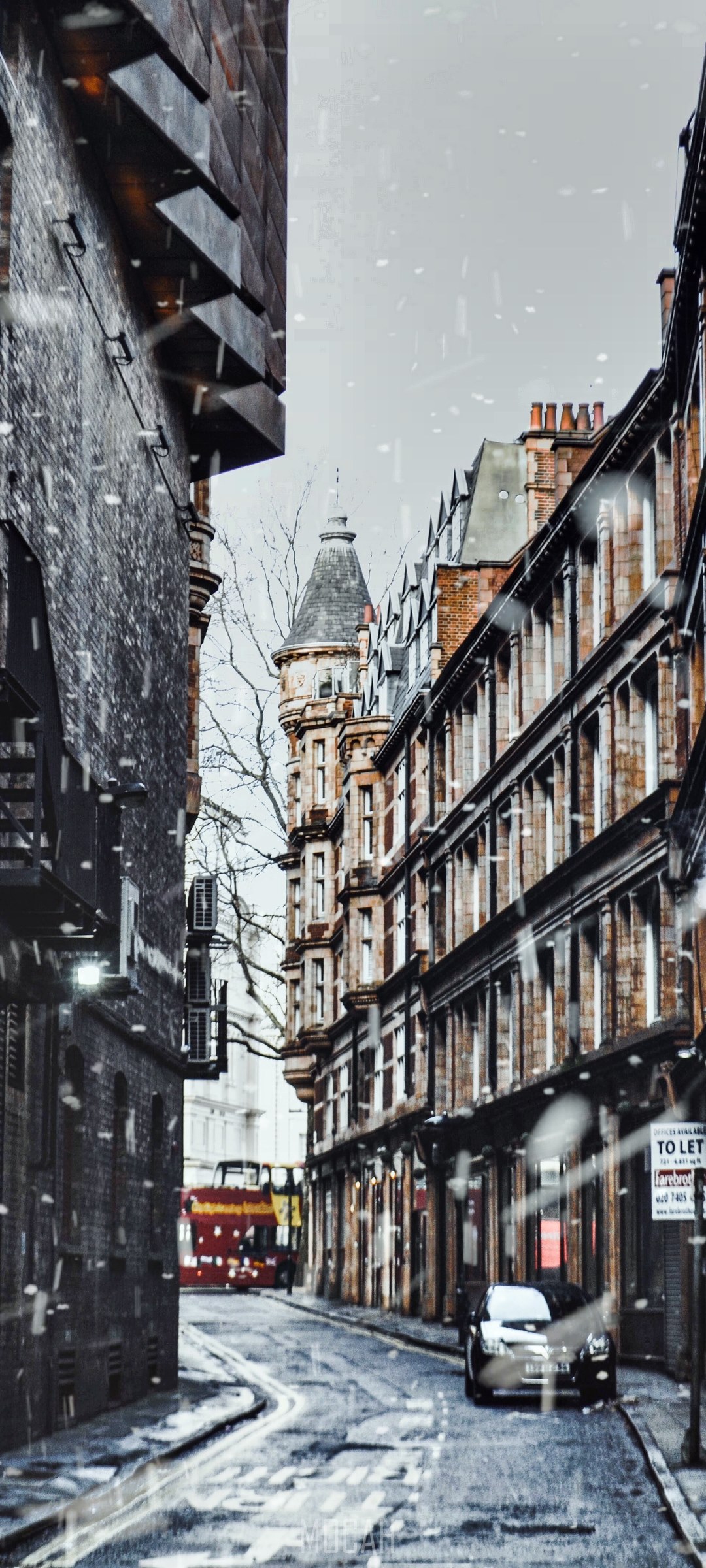 Snowy London street with red bus and car HD Phone Wallpaper