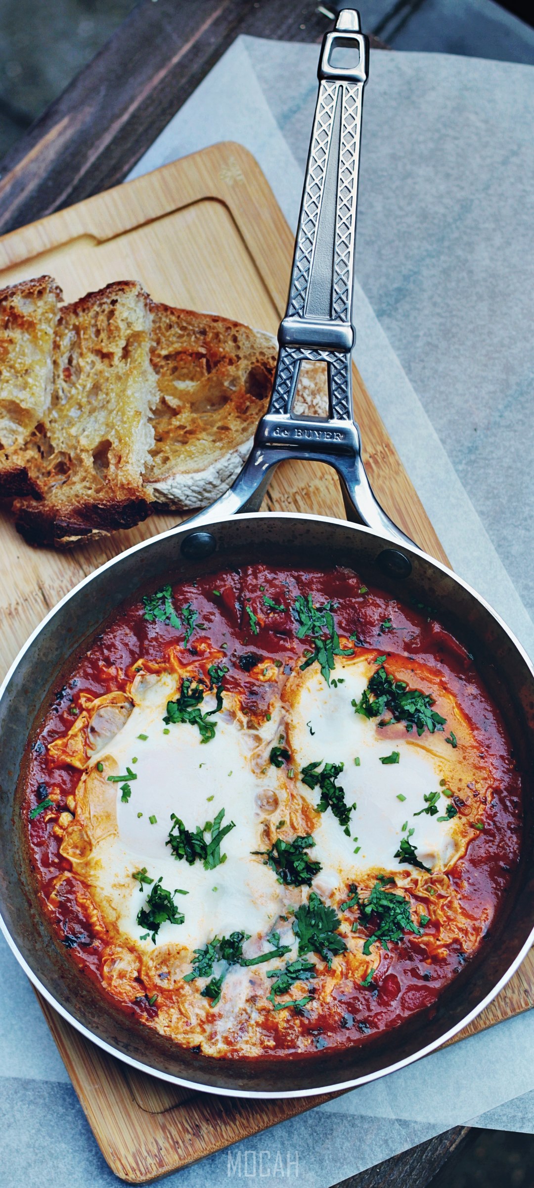 Shakshuka with Toast and Eiffel Tower Figurine HD Phone Wallpaper