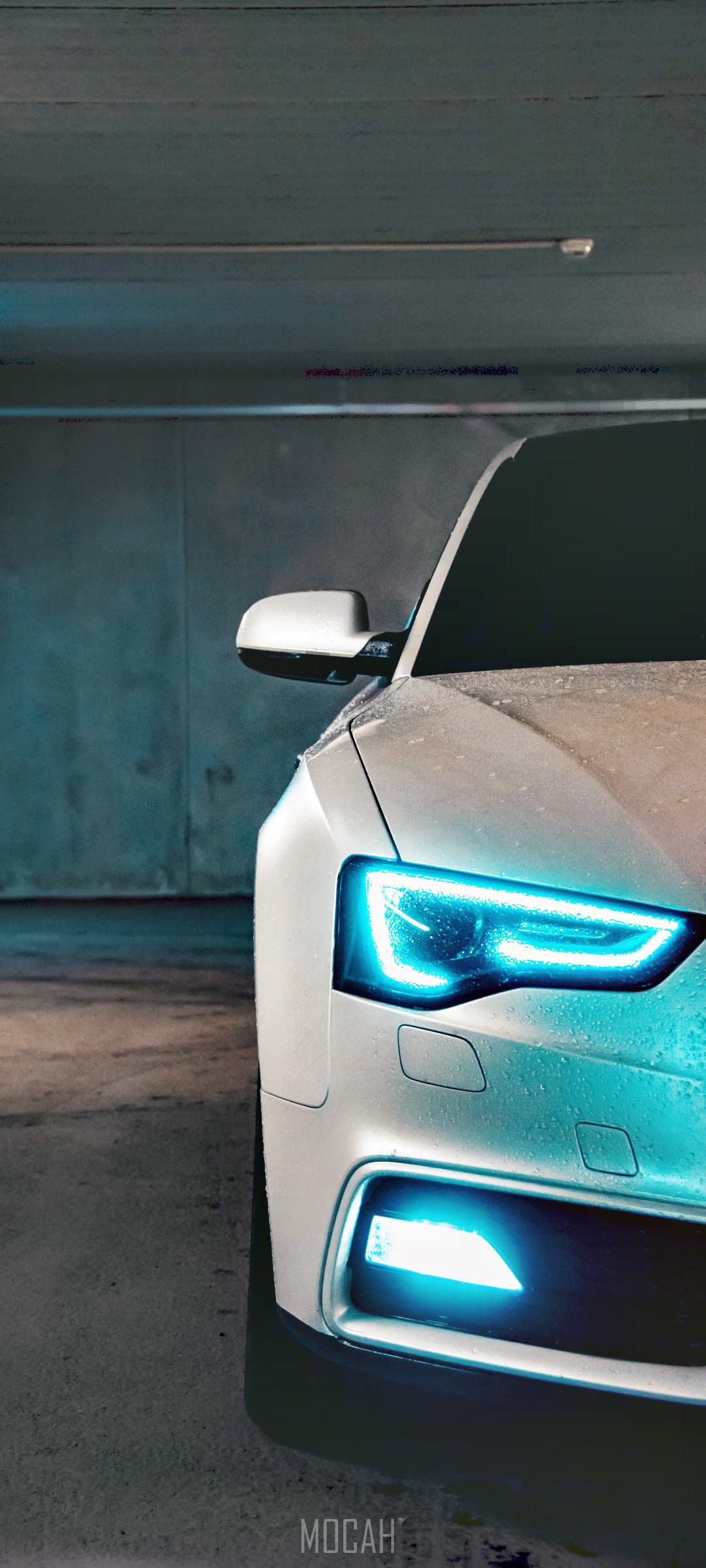 White Audi A5 with Blue LED Headlights in Garage HD Phone Wallpaper