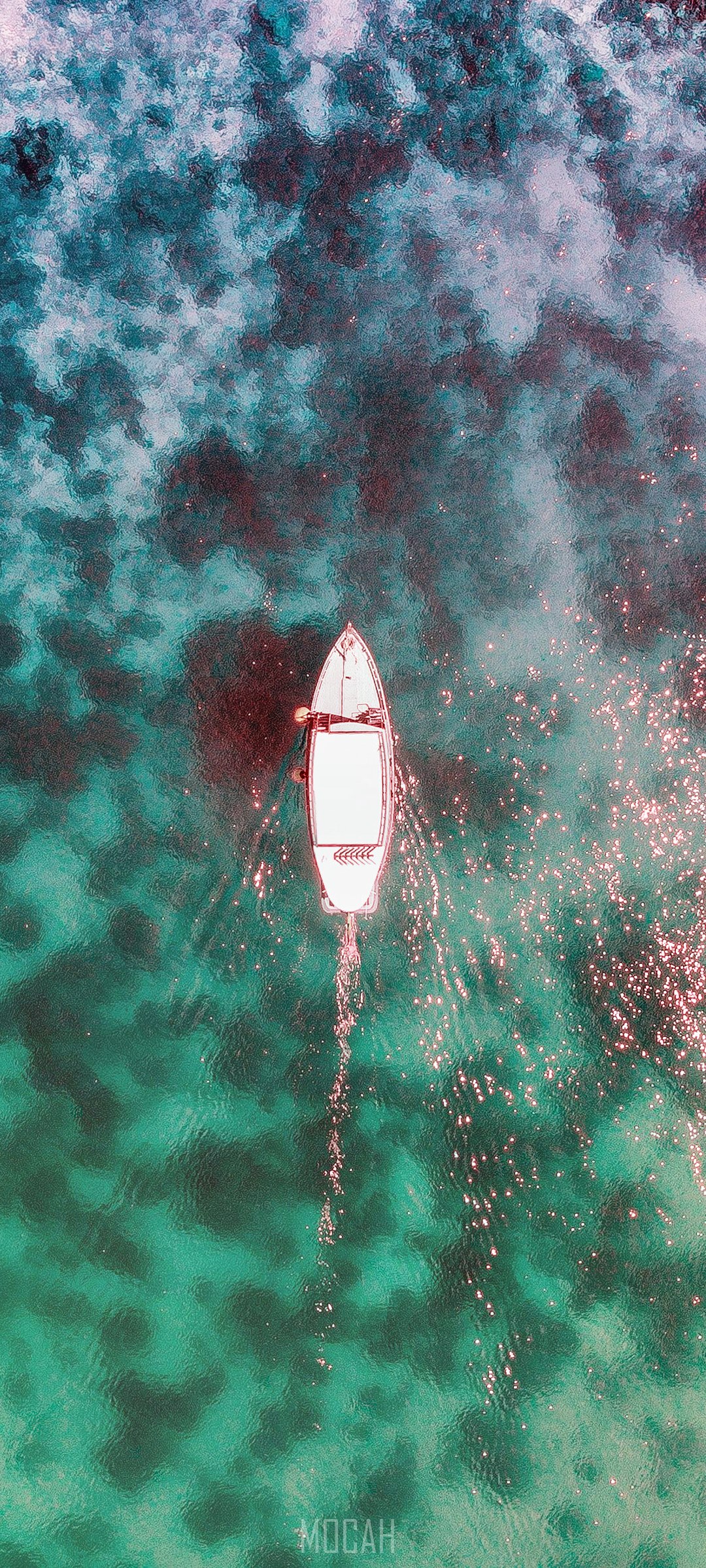Aerial view of a boat on turquoise water HD Phone Wallpaper