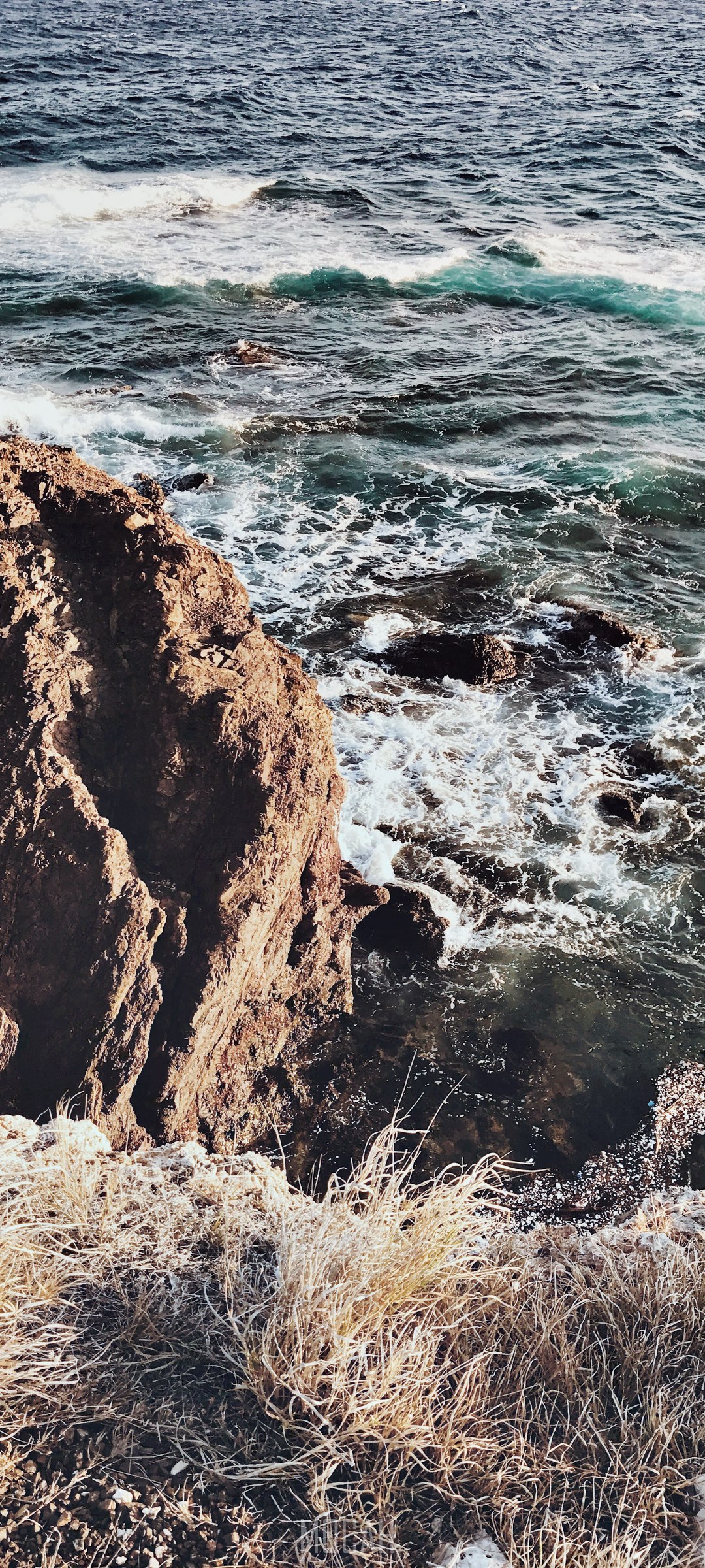Waves crashing on rocky shore with dry grass HD Phone Wallpaper