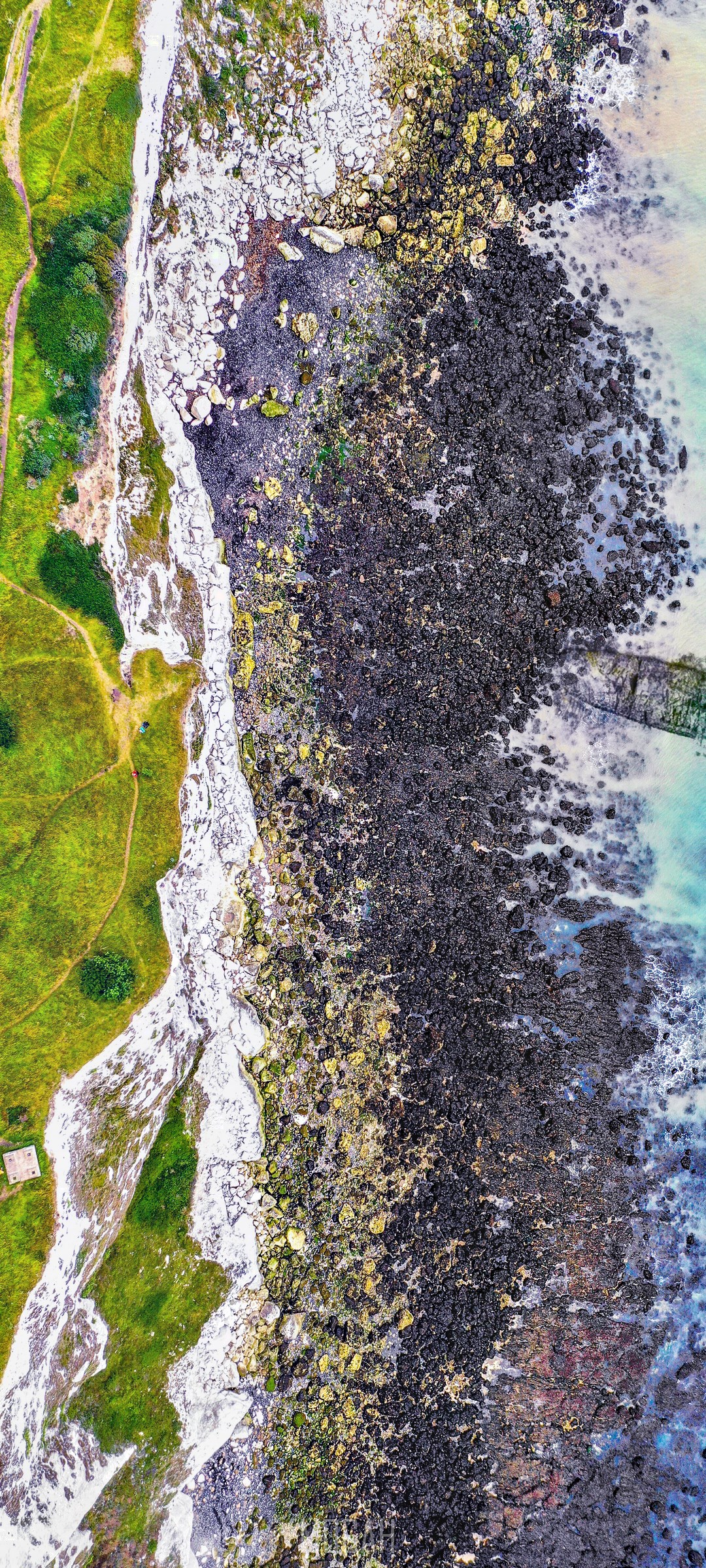 Aerial view of rocky coastline and green hills HD Phone Wallpaper