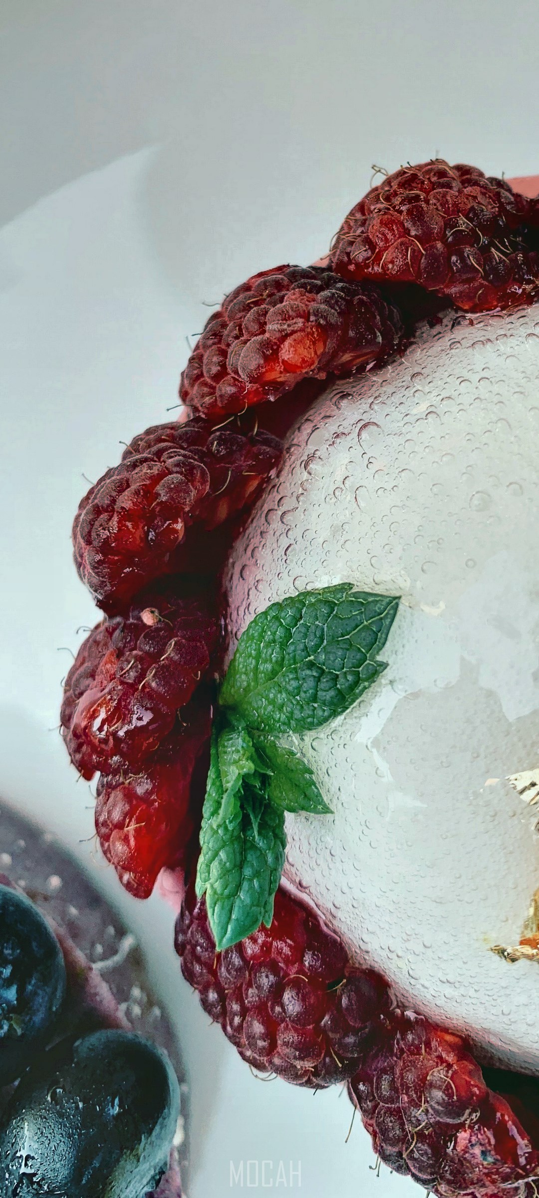 Dessert with raspberries, blueberries, and mint HD Phone Wallpaper