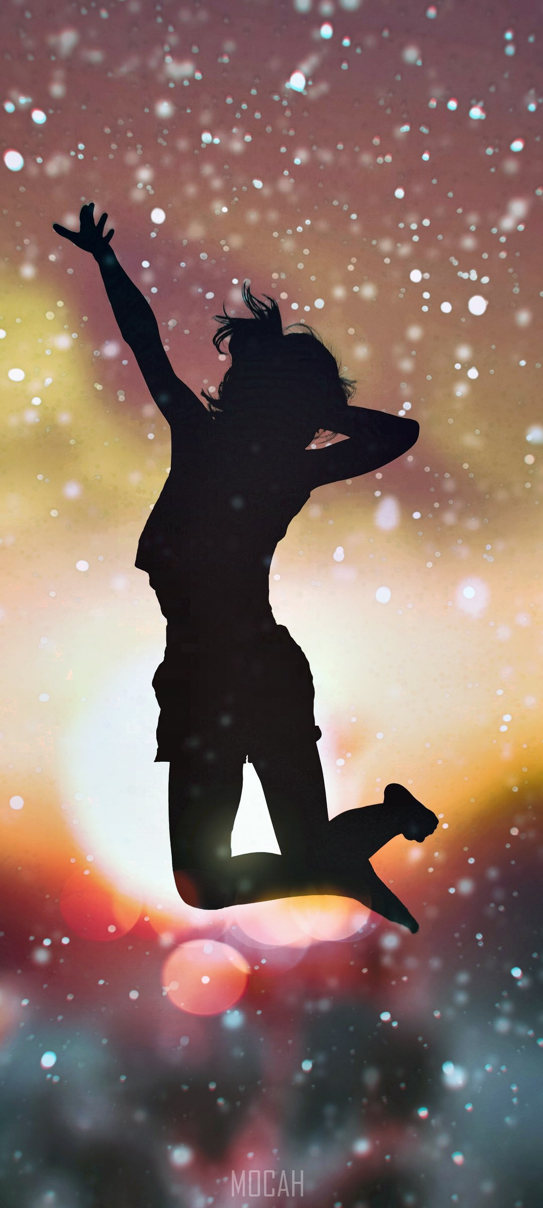 Silhouette of a person jumping with bokeh lights HD Phone Wallpaper