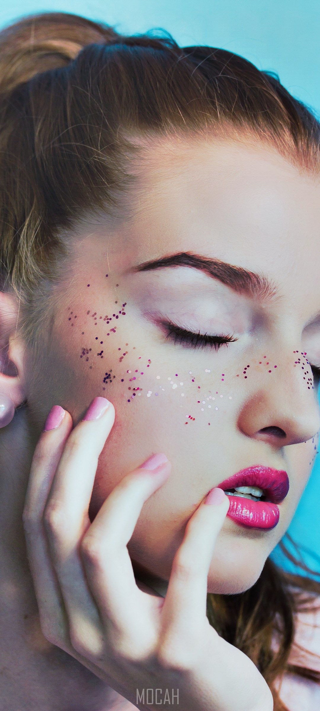 Woman with glitter and pink lipstick HD Phone Wallpaper