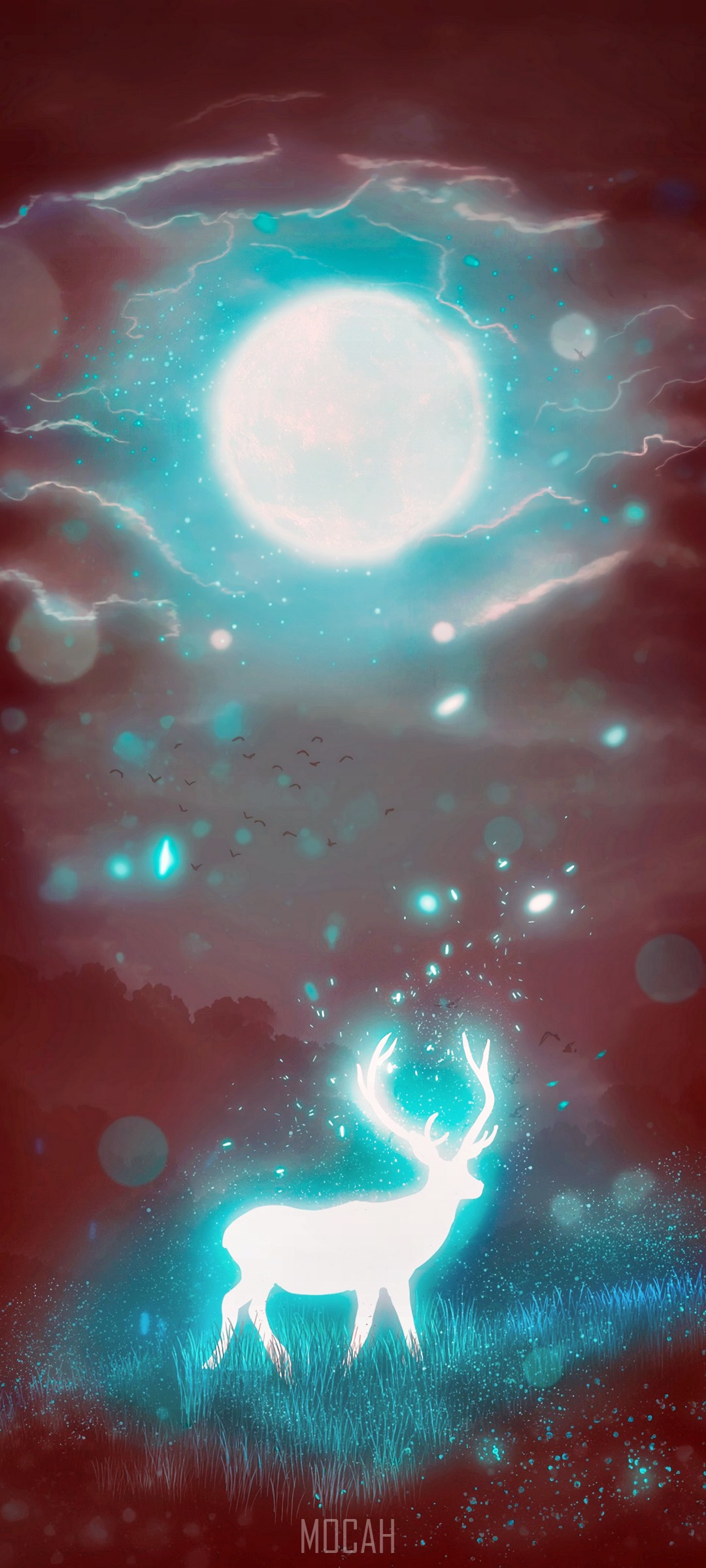 Glowing deer under a bright moon and stormy sky HD Phone Wallpaper