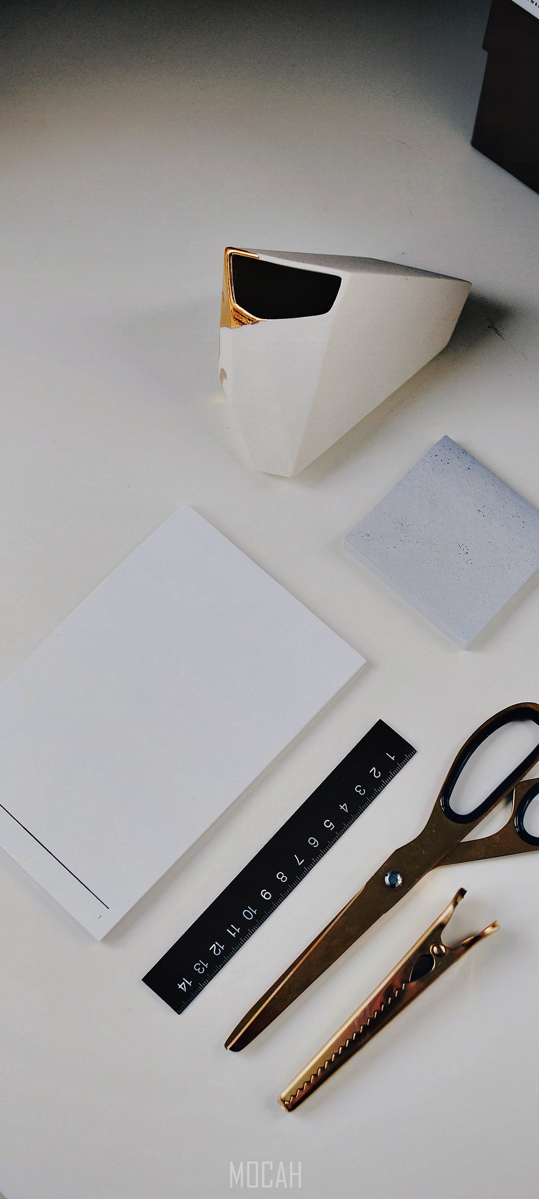 Desk with stationery and scissors HD Phone Wallpaper